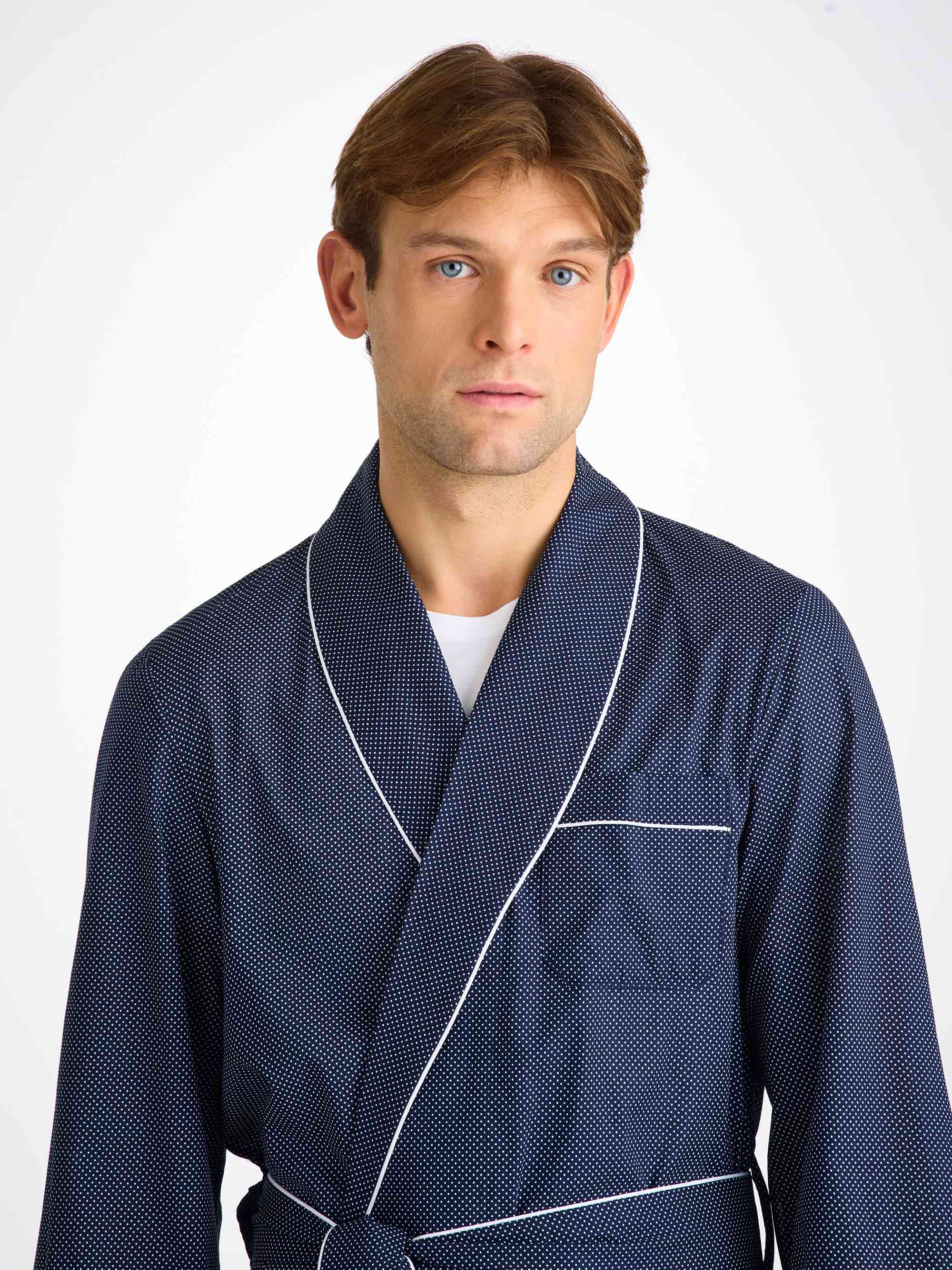 Men's Dressing Gown Cotton Batiste Navy Pin Dot Print