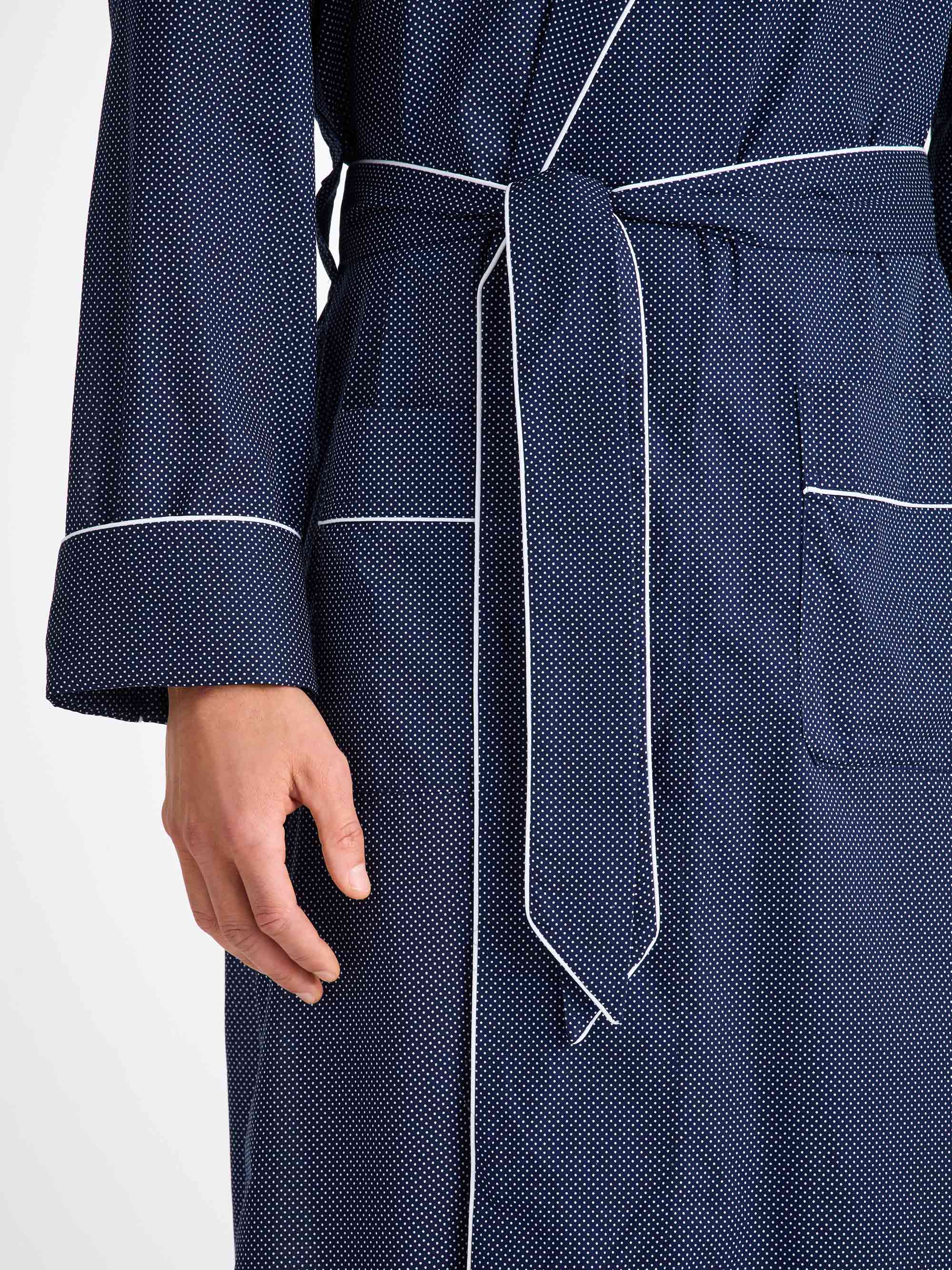 Men's Dressing Gown Cotton Batiste Navy Pin Dot Print
