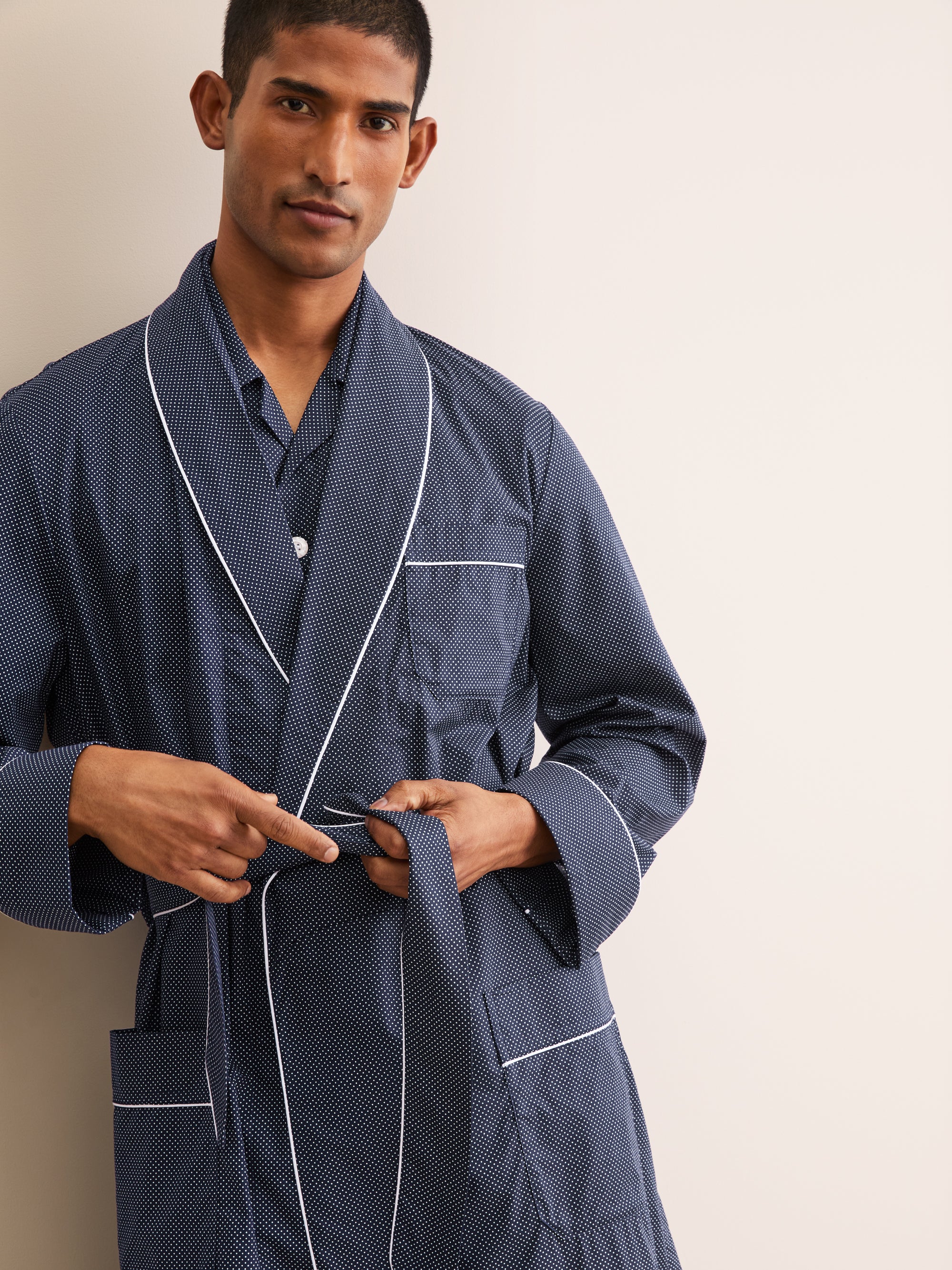 Men's Robe Cotton Batiste Navy Pin Dot Print