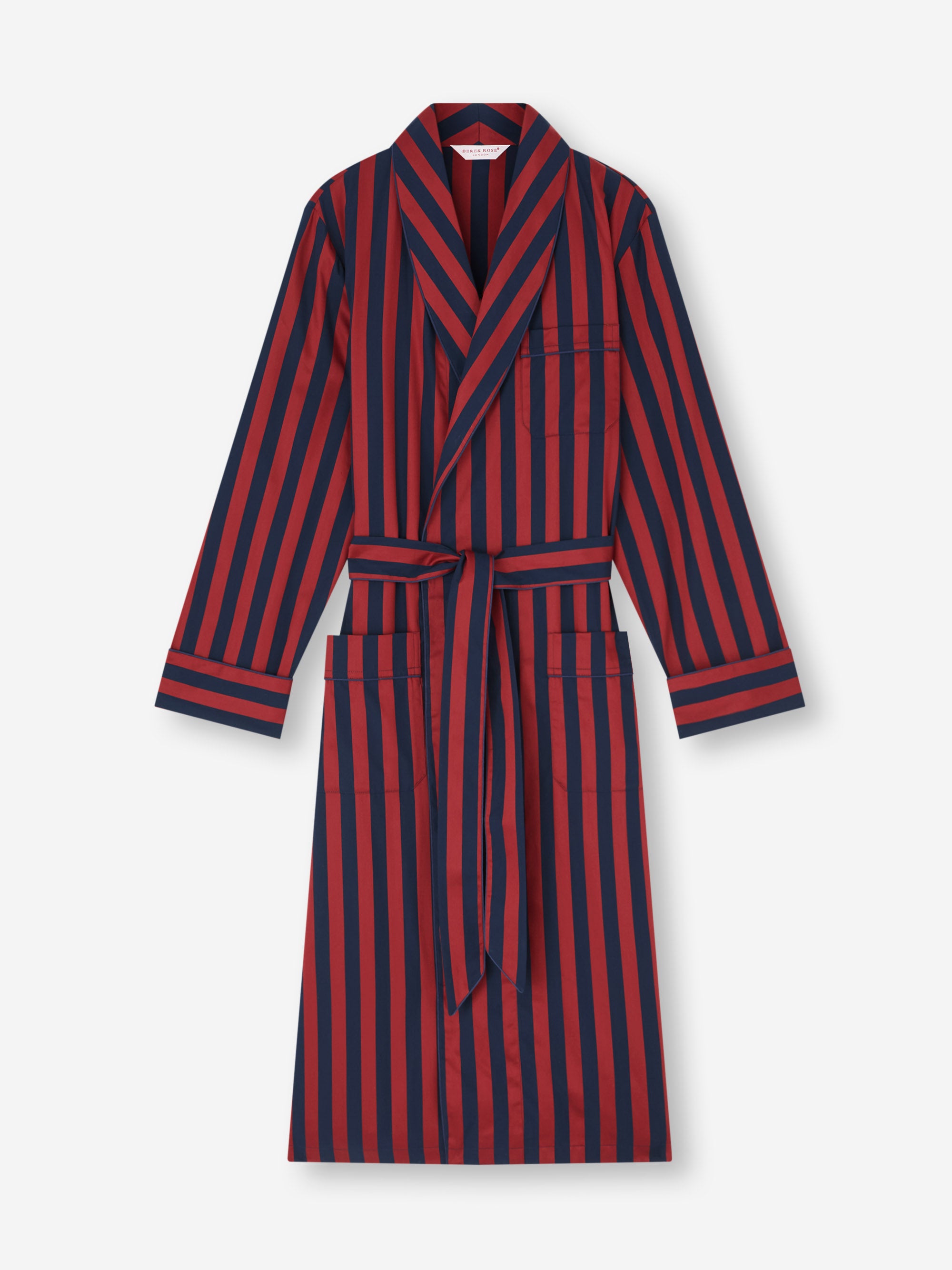 Men's Dressing Gown Royal Cotton Navy Blue & Red Stripe