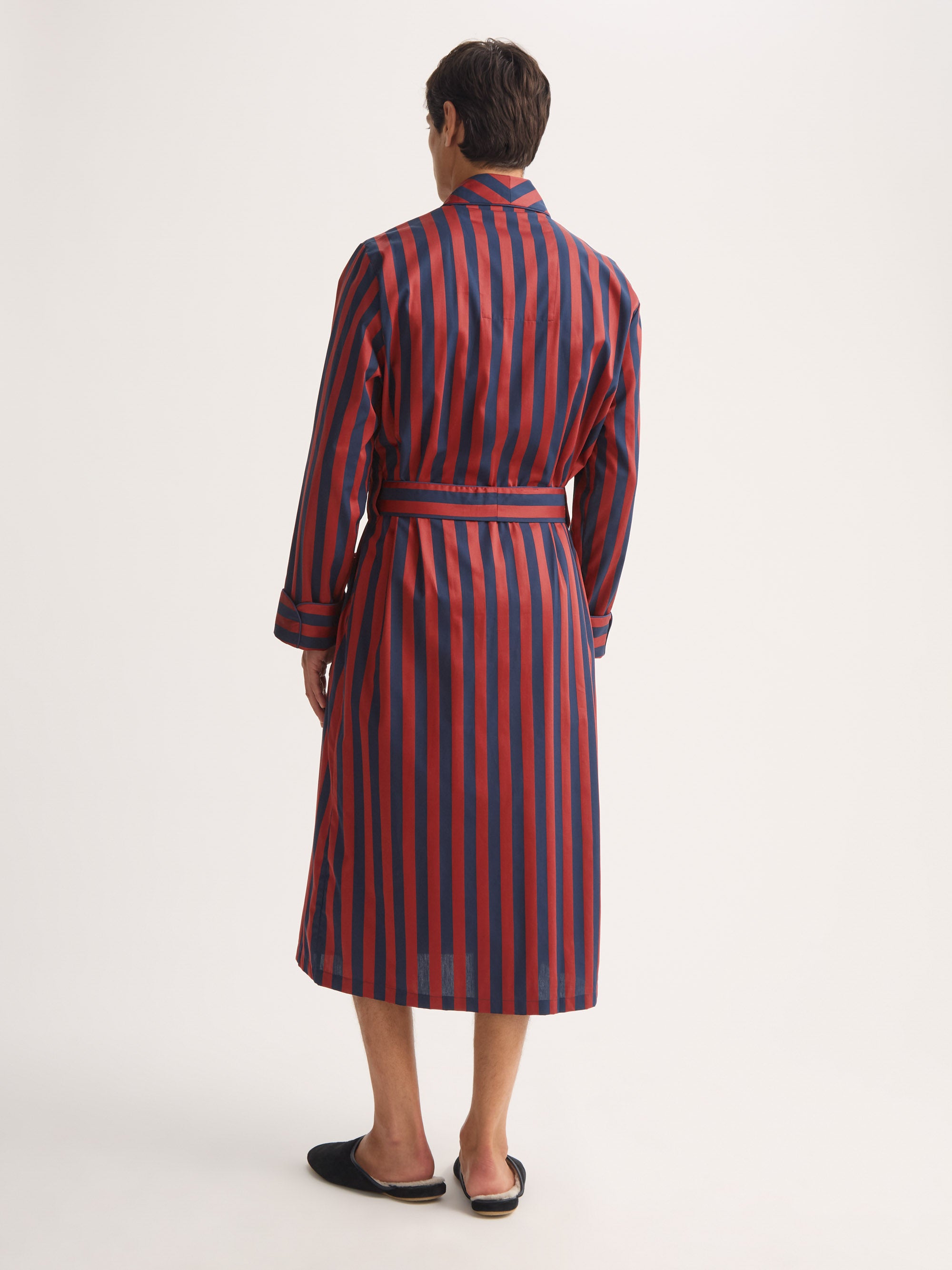 Men's Dressing Gown Royal Cotton Navy Blue & Red Stripe