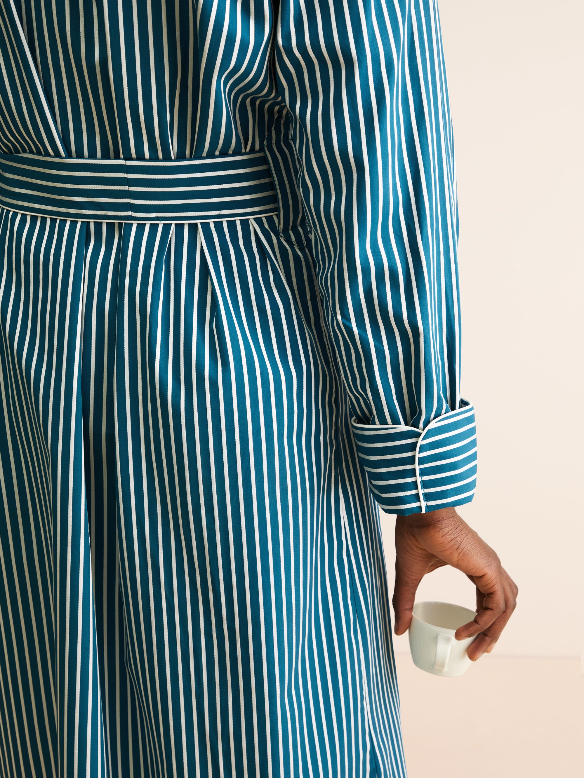 Men's Dressing Gown Royal Cotton Teal & White Stripe