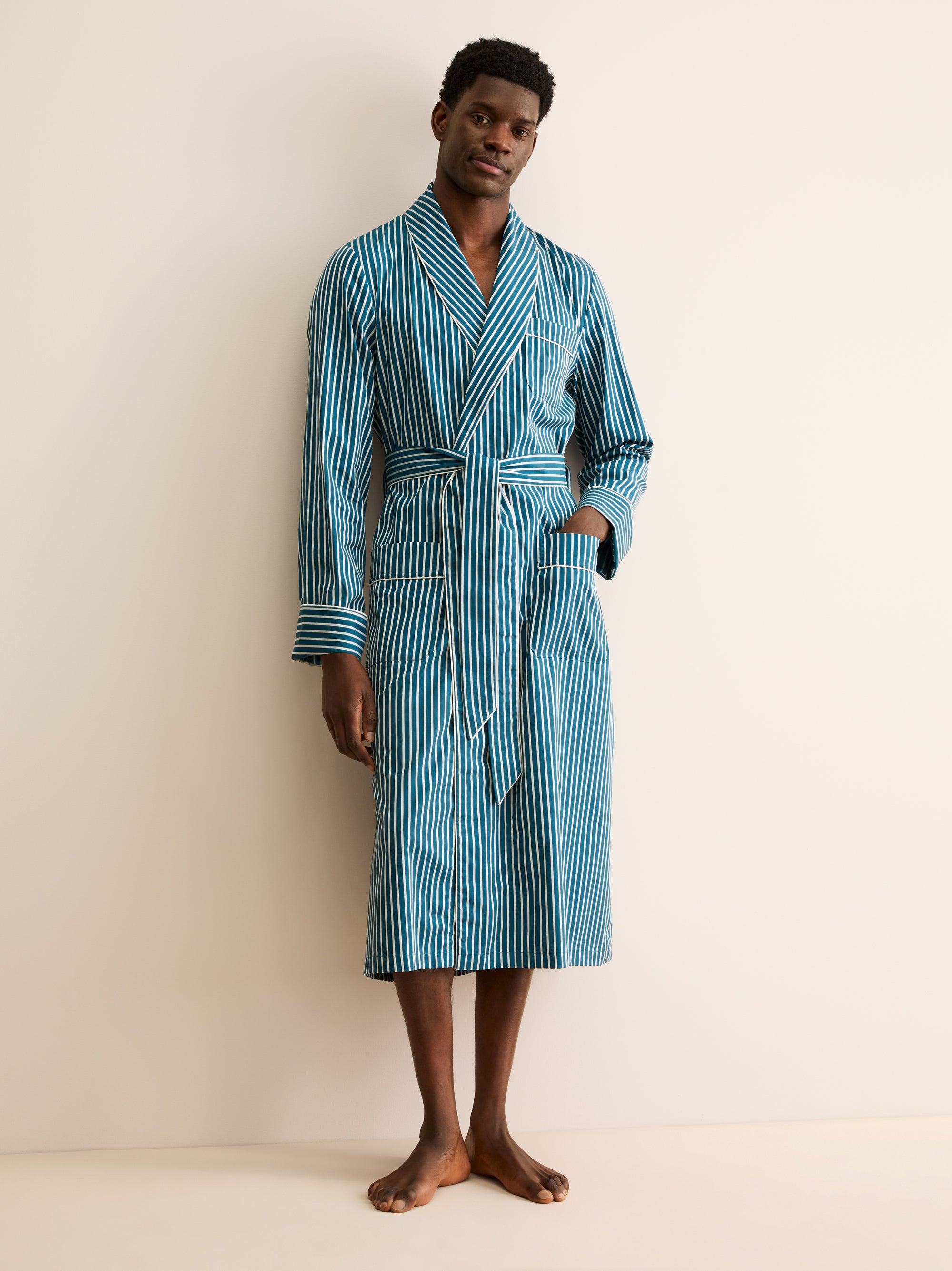 Men's Dressing Gown Royal Cotton Teal & White Stripe