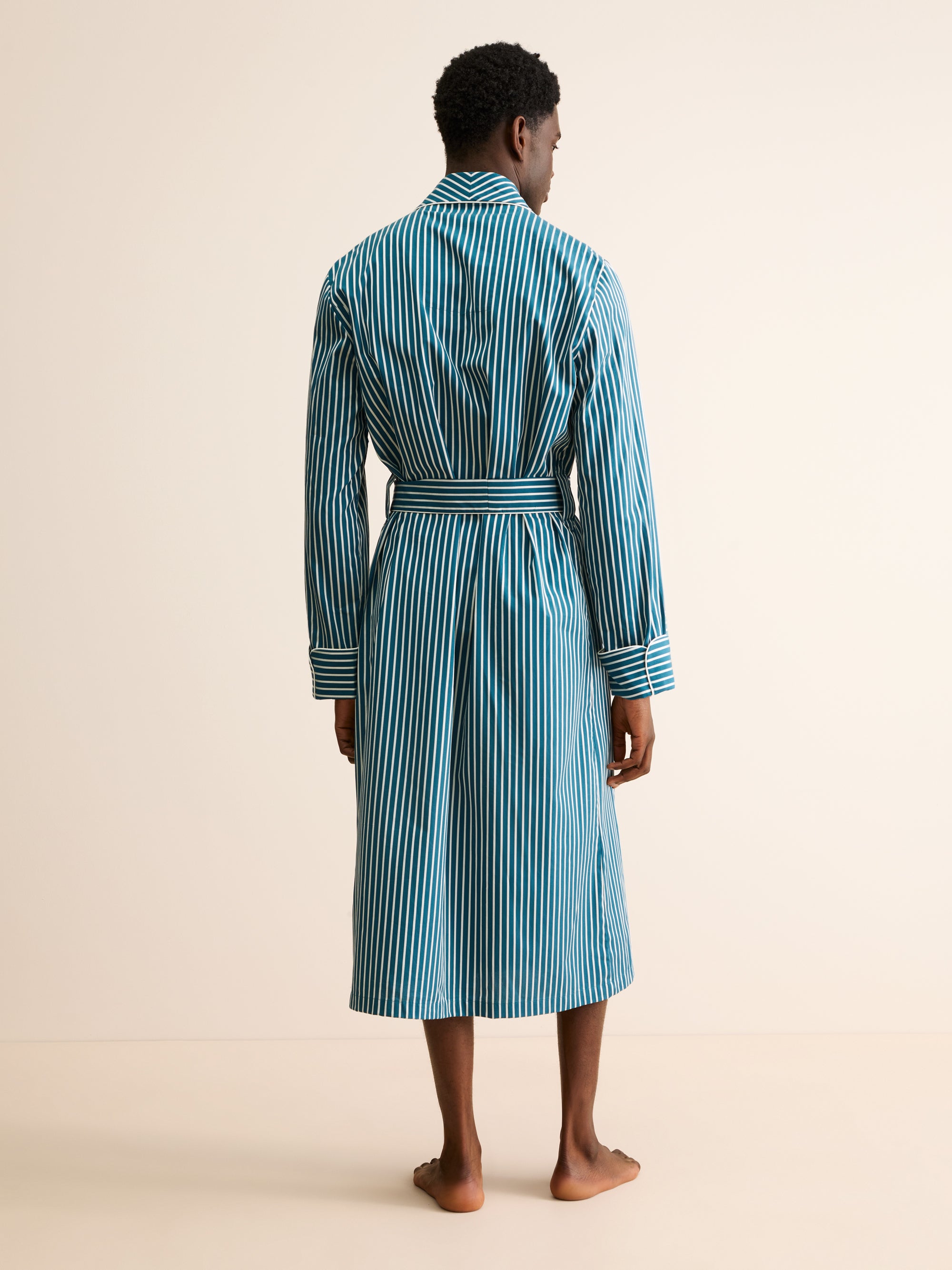 Men's Dressing Gown Royal Cotton Teal & White Stripe