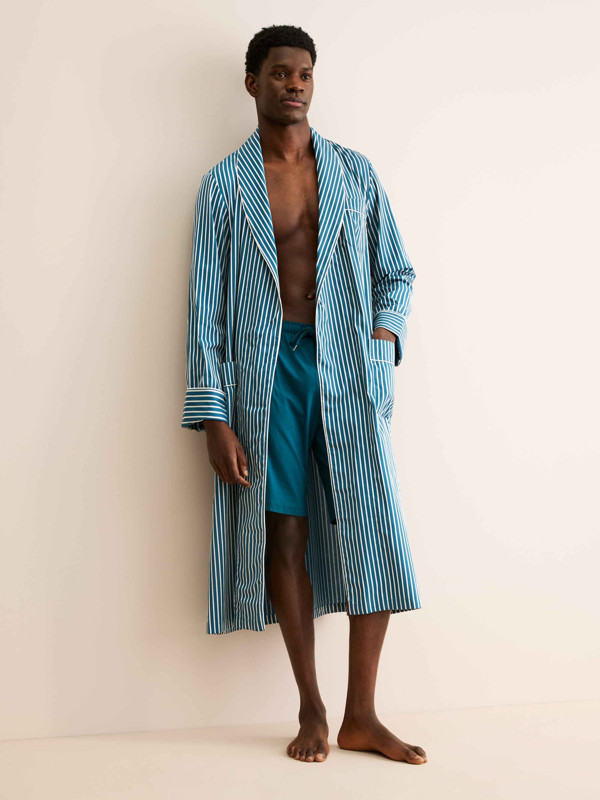 Men's Dressing Gown Royal Cotton Teal & White Stripe