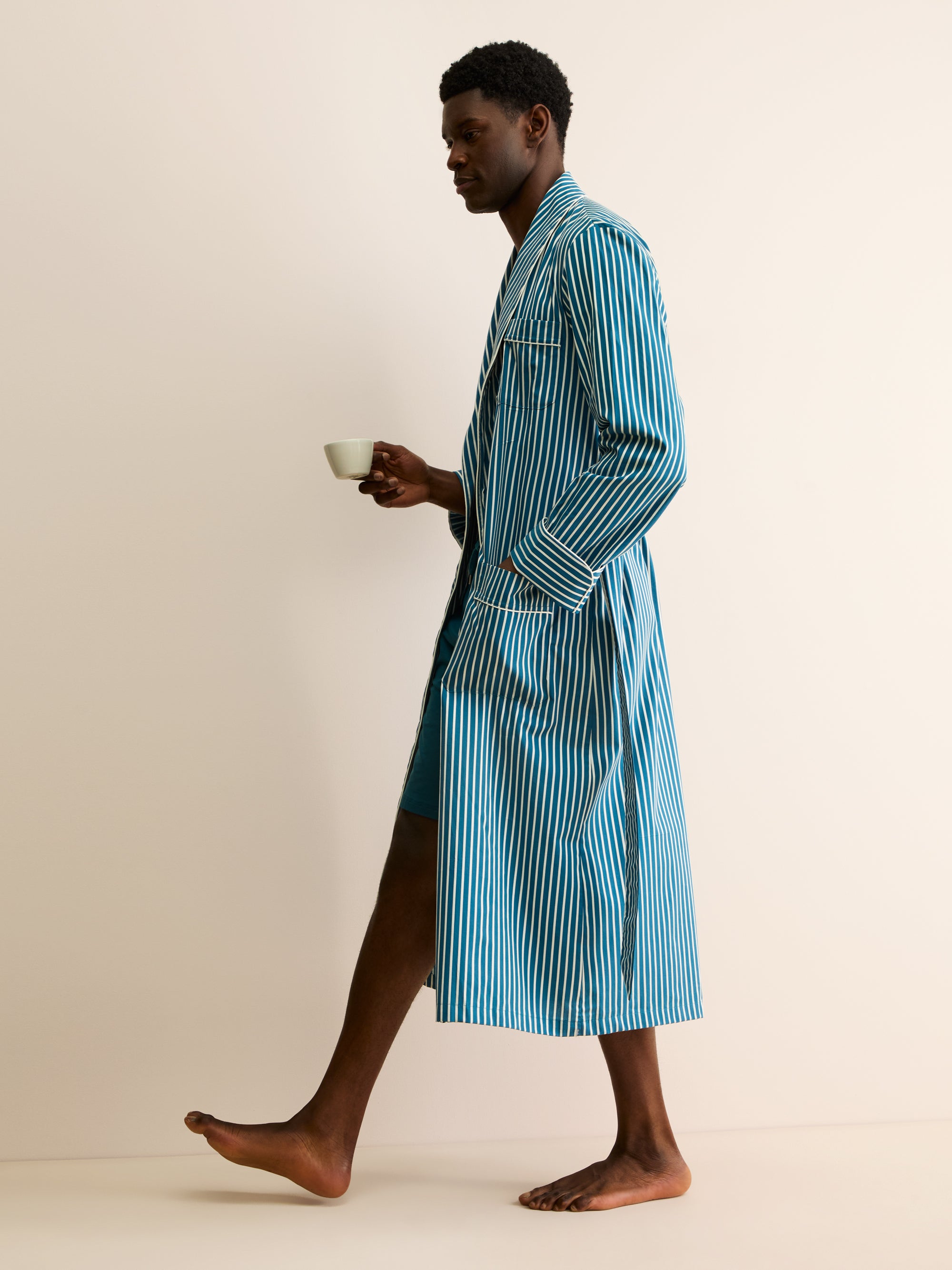 Men's Dressing Gown Royal Cotton Teal & White Stripe