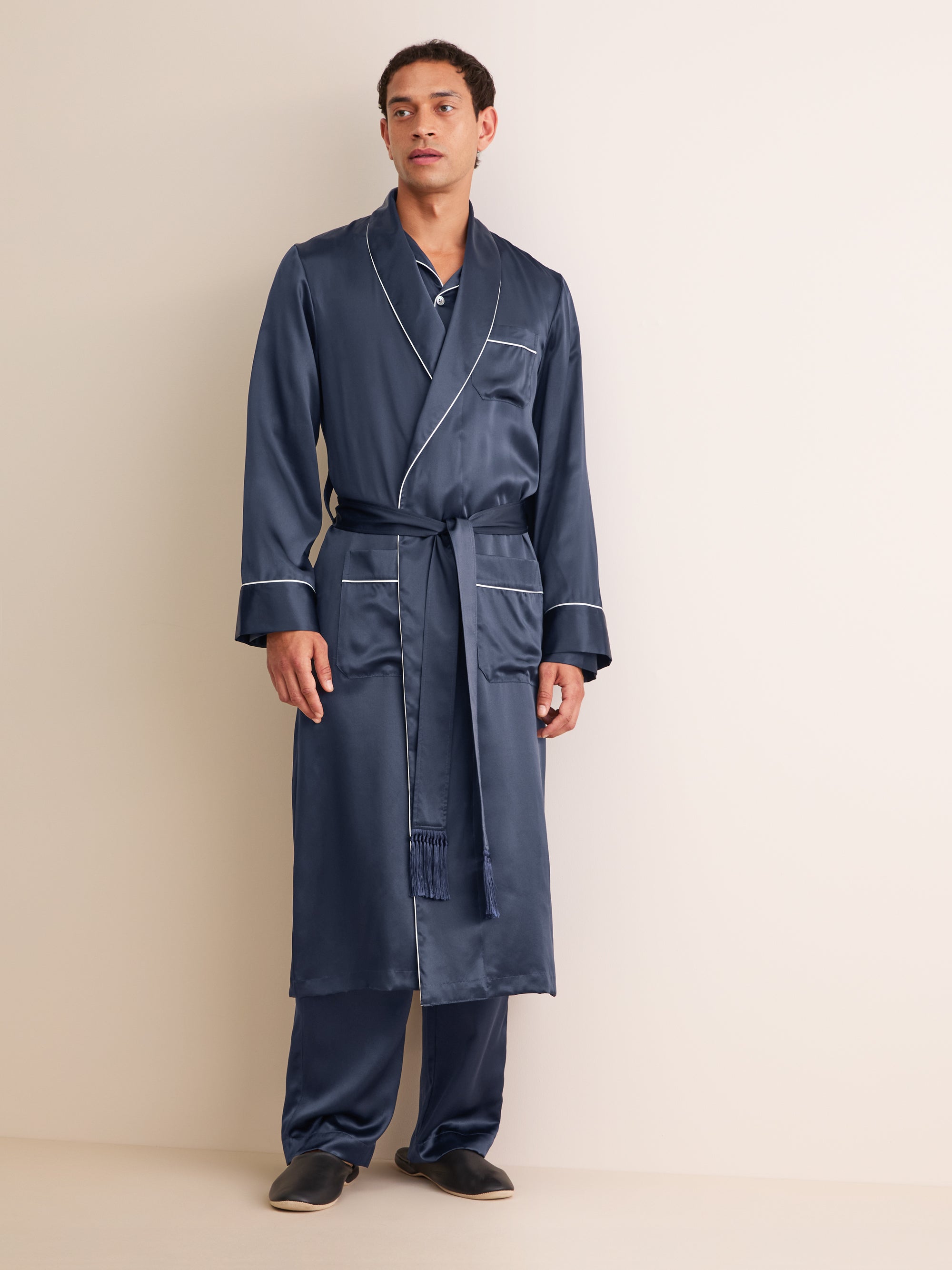Men's Dressing Gown Bailey Silk Satin Navy