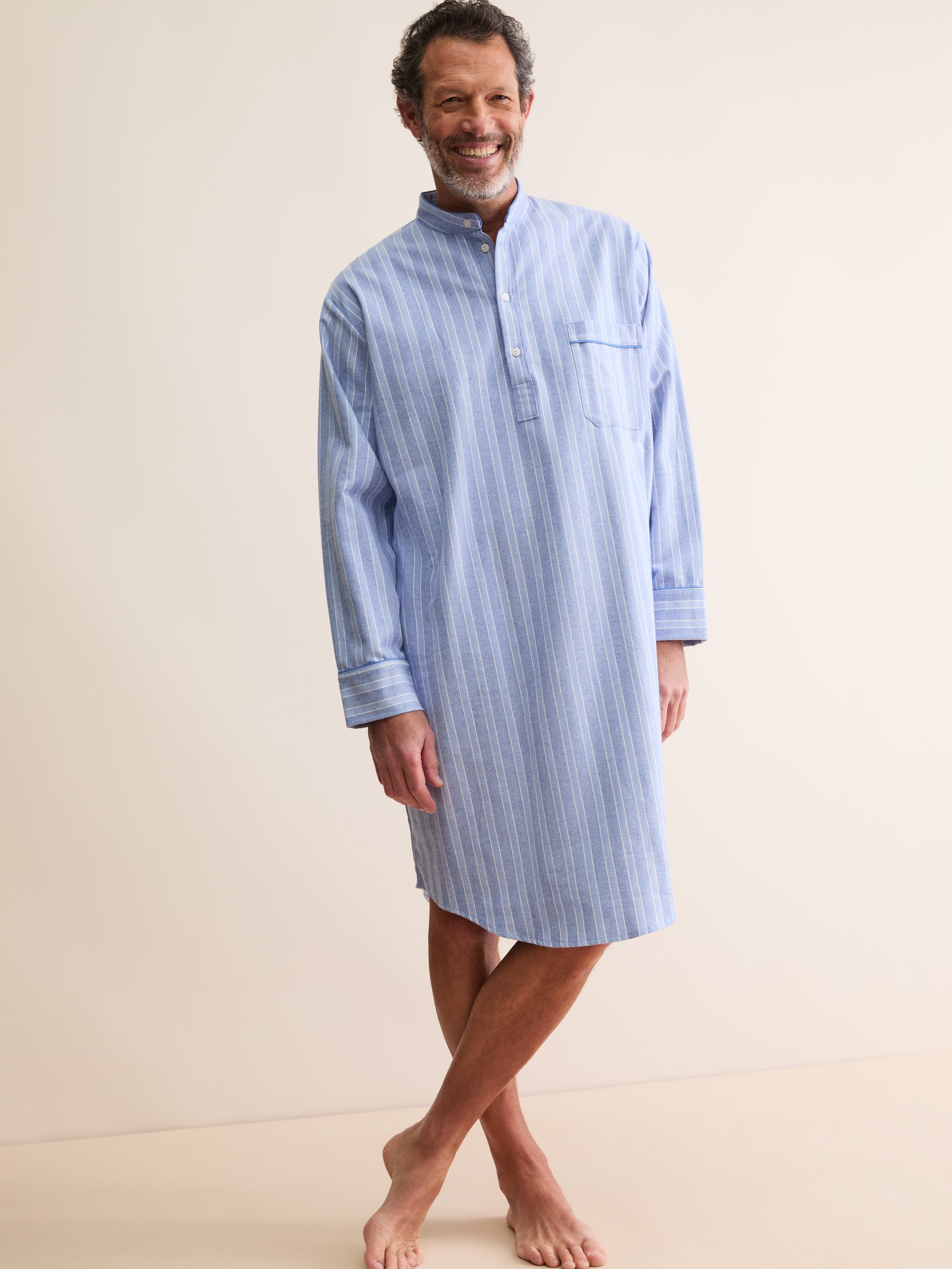 Men's Nightshirt Arran Brushed Cotton Blue Herringbone Stripe