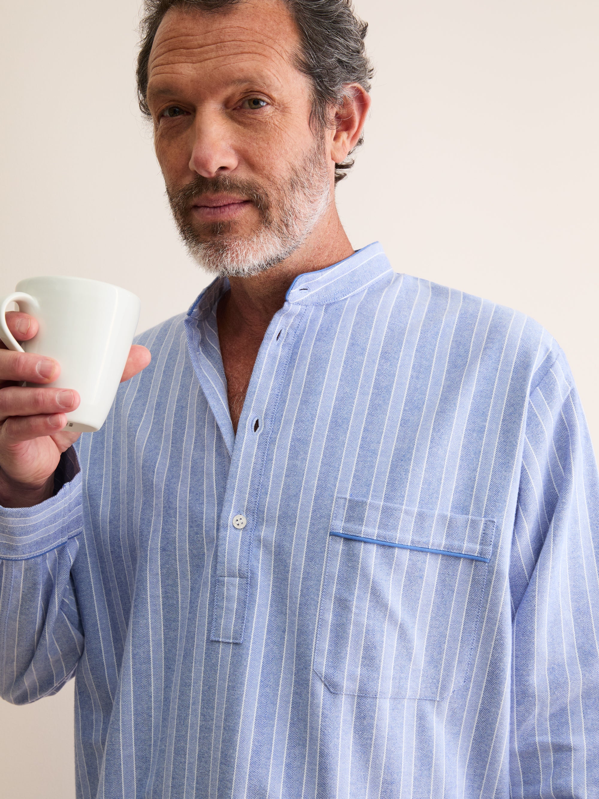 Men's Nightshirt Arran Brushed Cotton Blue Herringbone Stripe