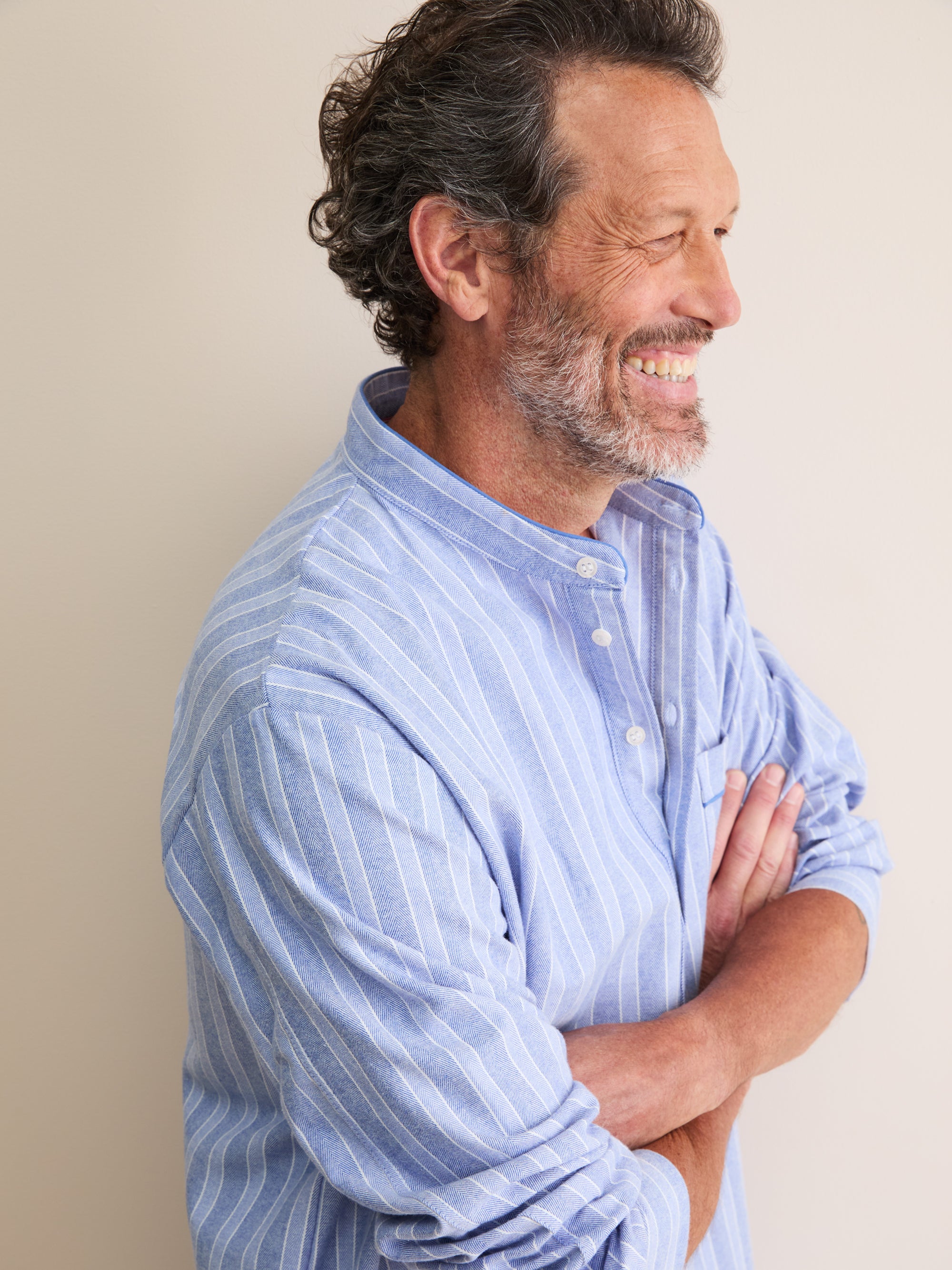 Men's Nightshirt Arran Brushed Cotton Blue Herringbone Stripe