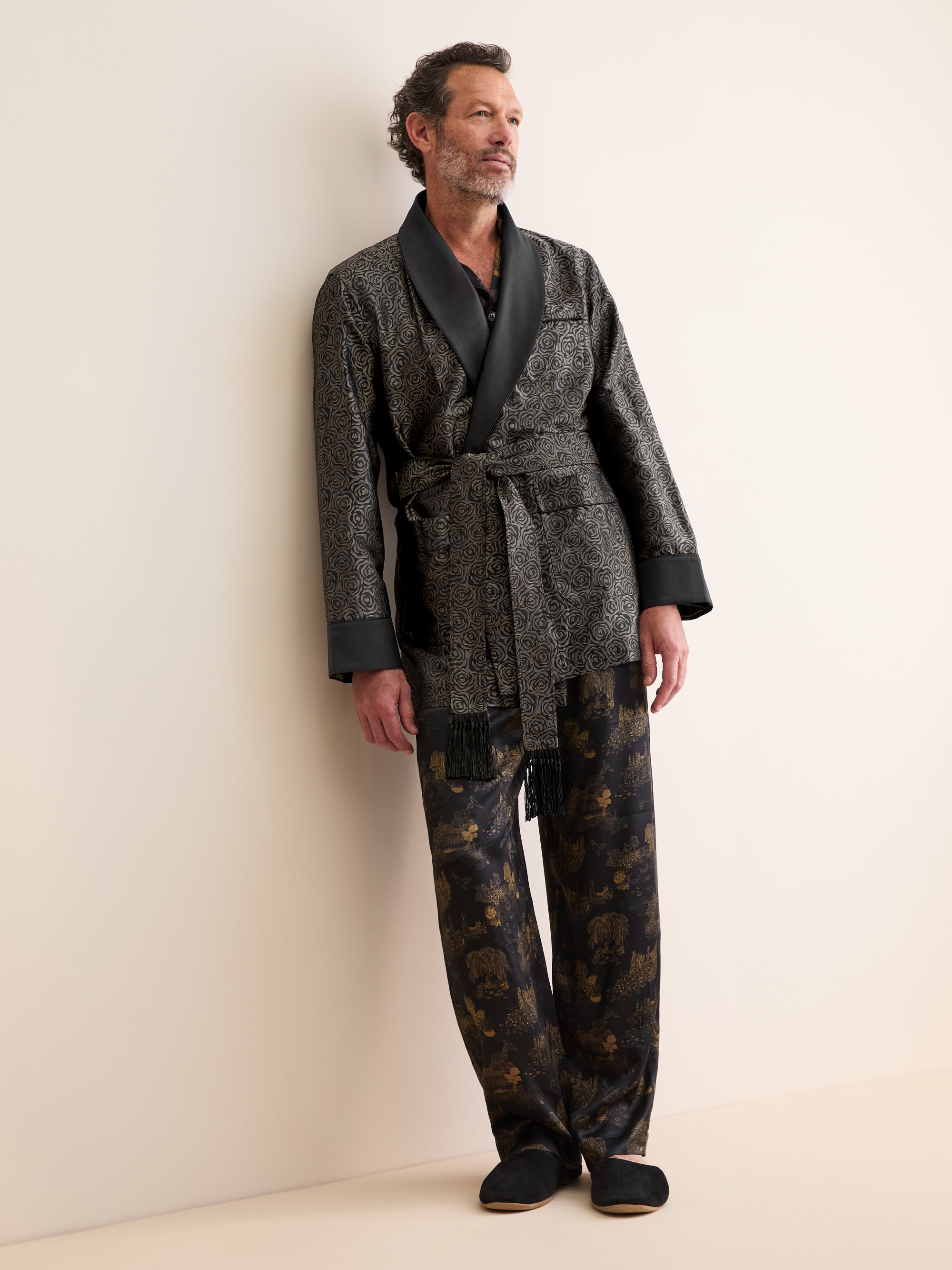 Men's Smoking Jacket Silk Jacquard Black Rose