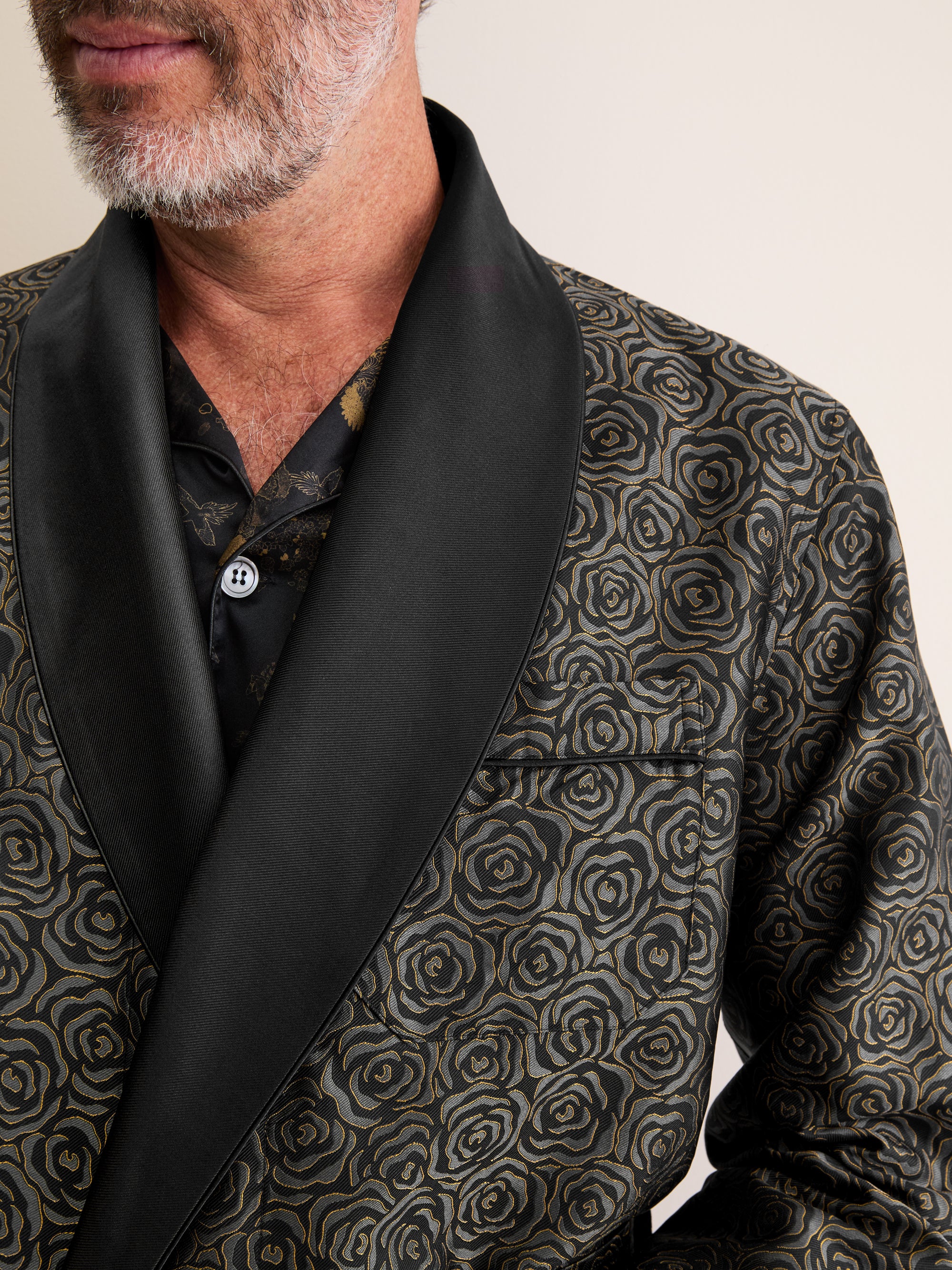 Men's Smoking Jacket Silk Jacquard Black Rose