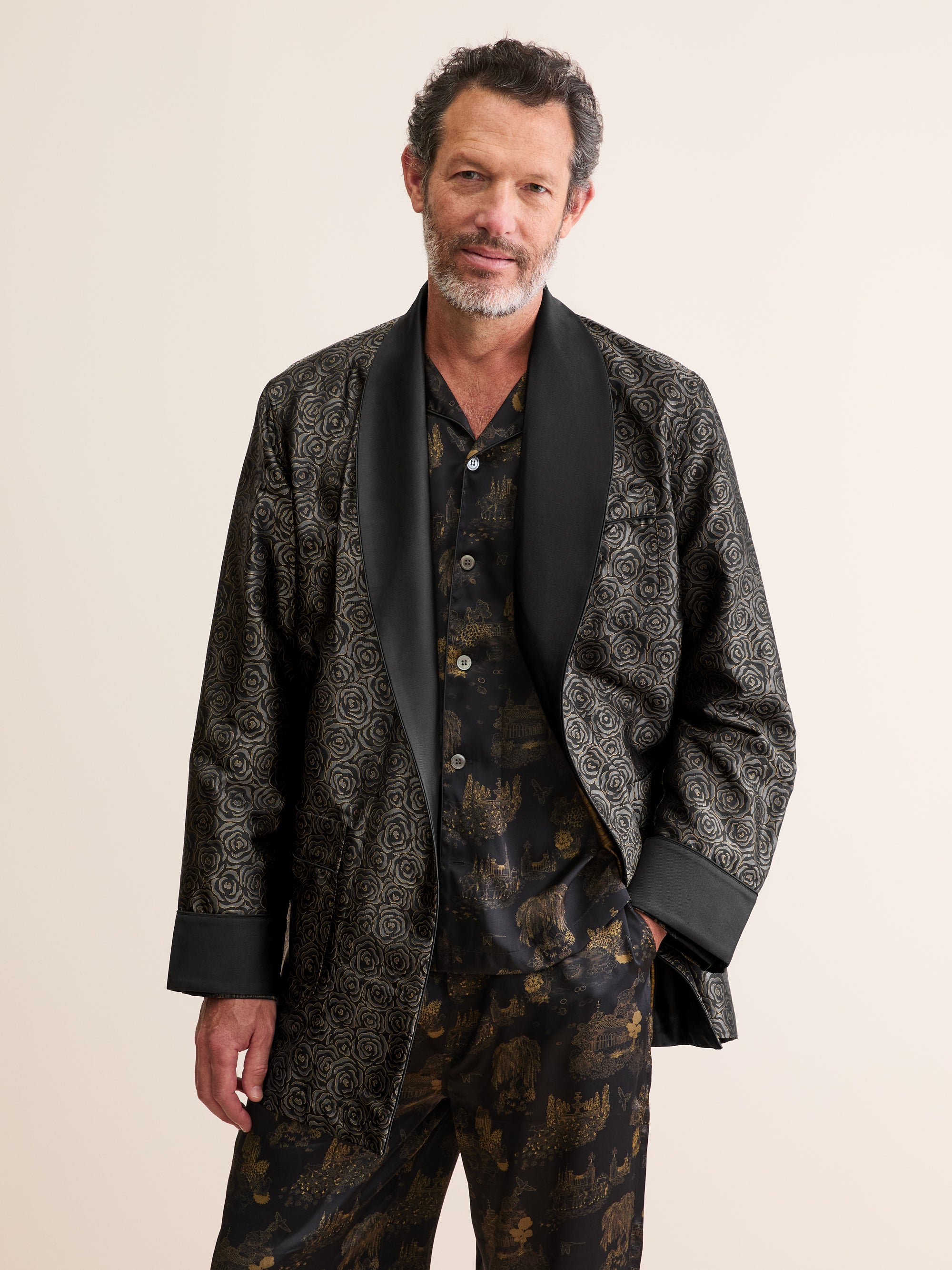 Men's Smoking Jacket Silk Jacquard Black Rose