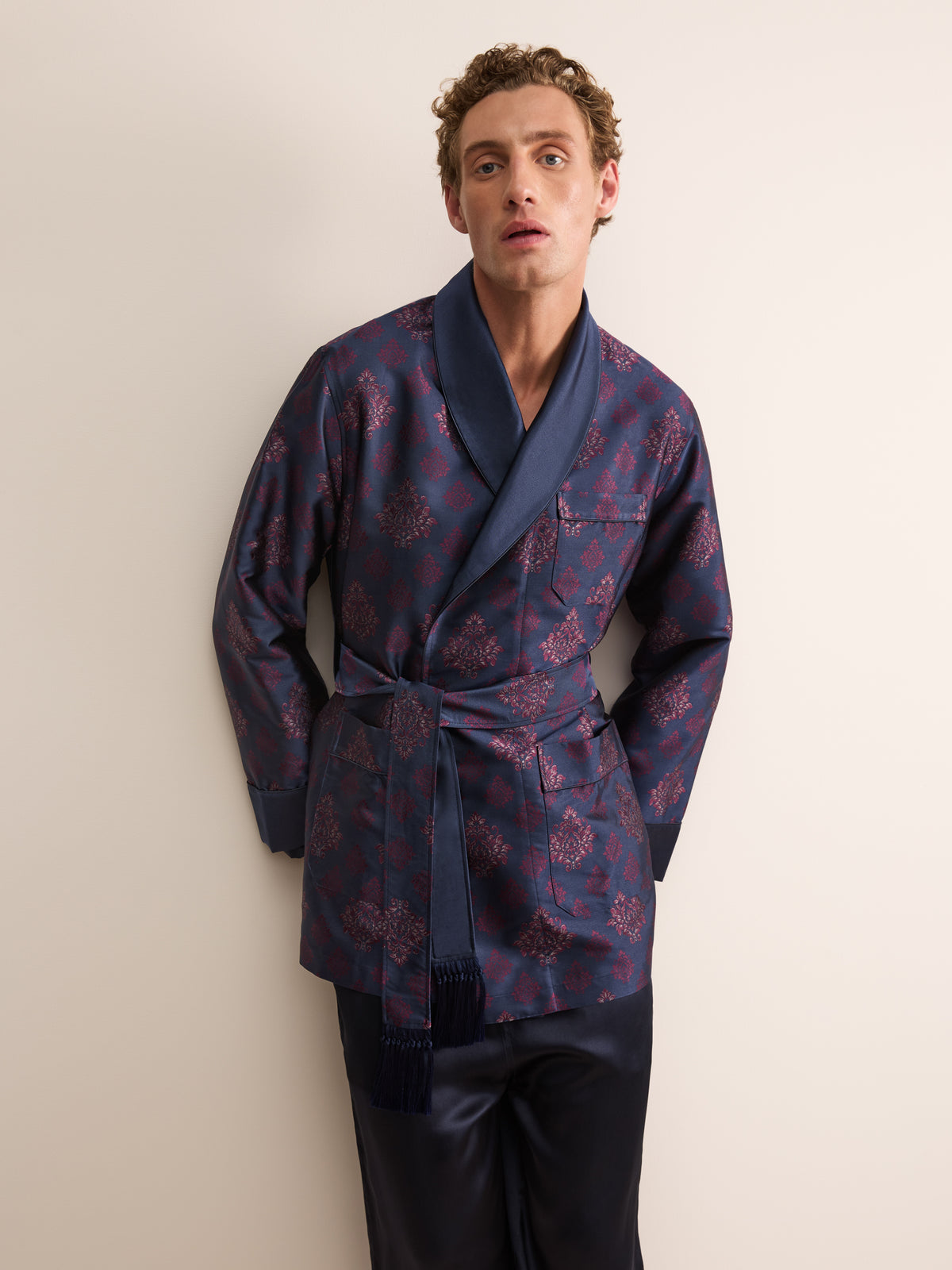 Verona Silk Jacquard Smoking Jacket Navy Blue & Wine Medallion