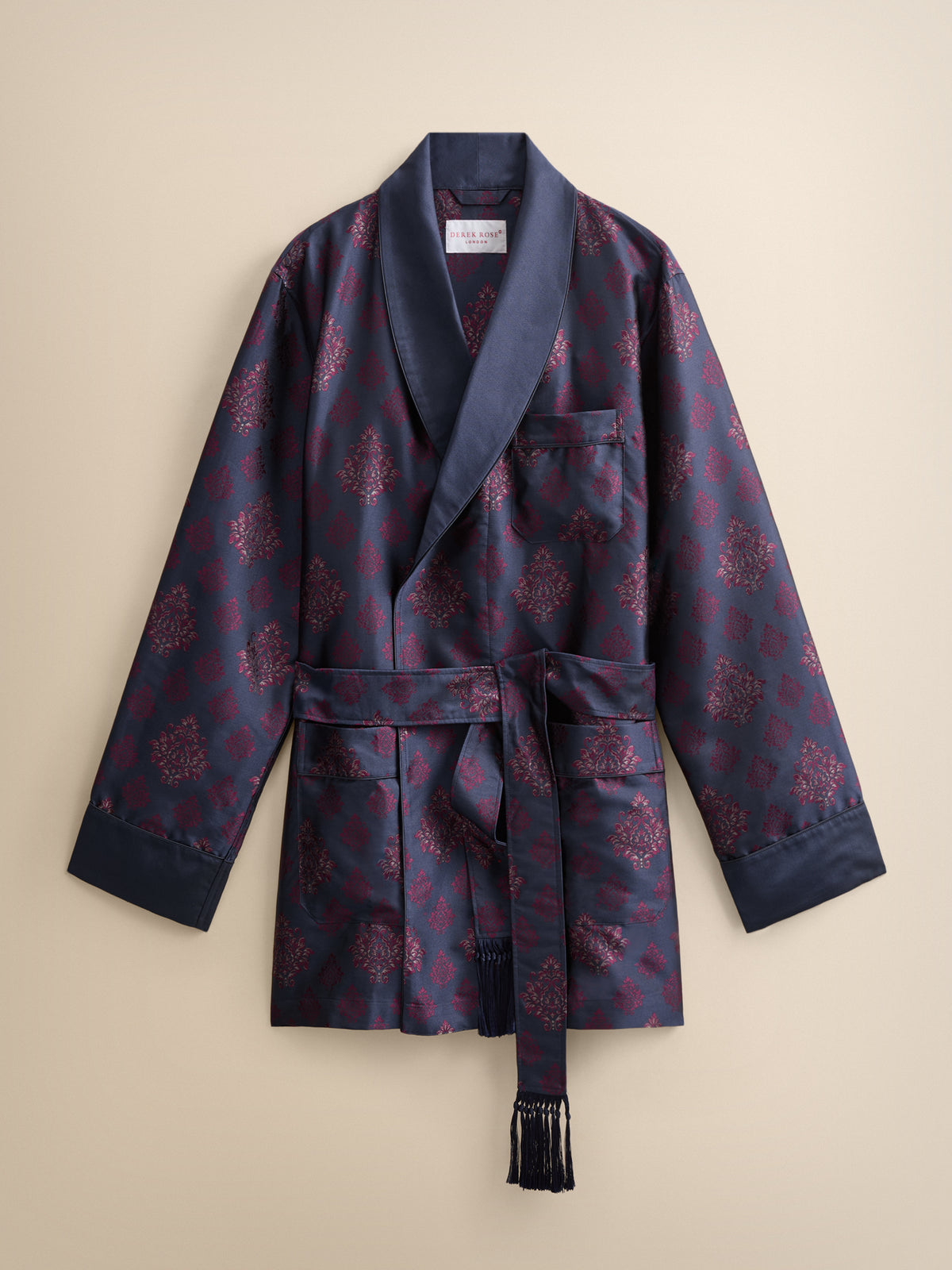 Verona Silk Jacquard Smoking Jacket Navy Blue & Wine Medallion