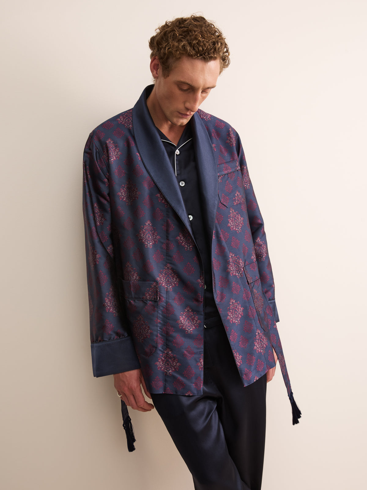 Verona Silk Jacquard Smoking Jacket Navy Blue & Wine Medallion