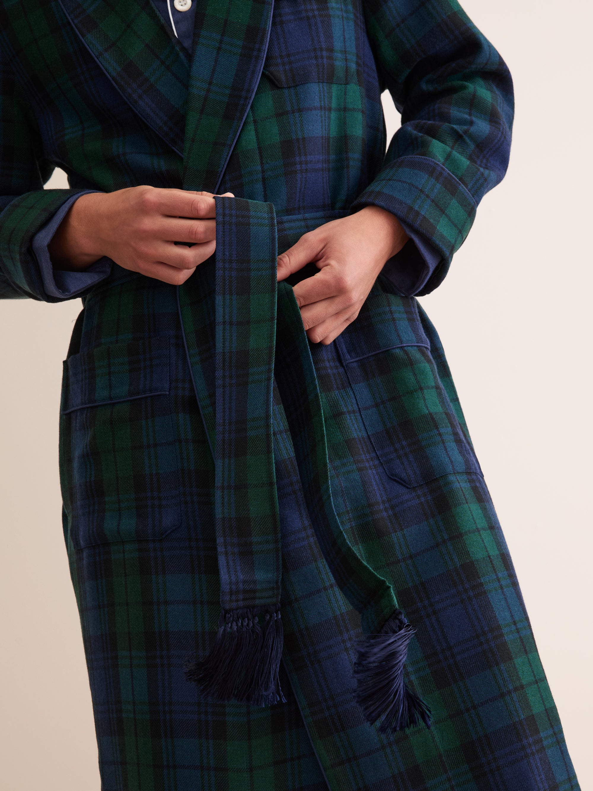 Men's Dressing Gown Tartan Black Watch Wool Navy