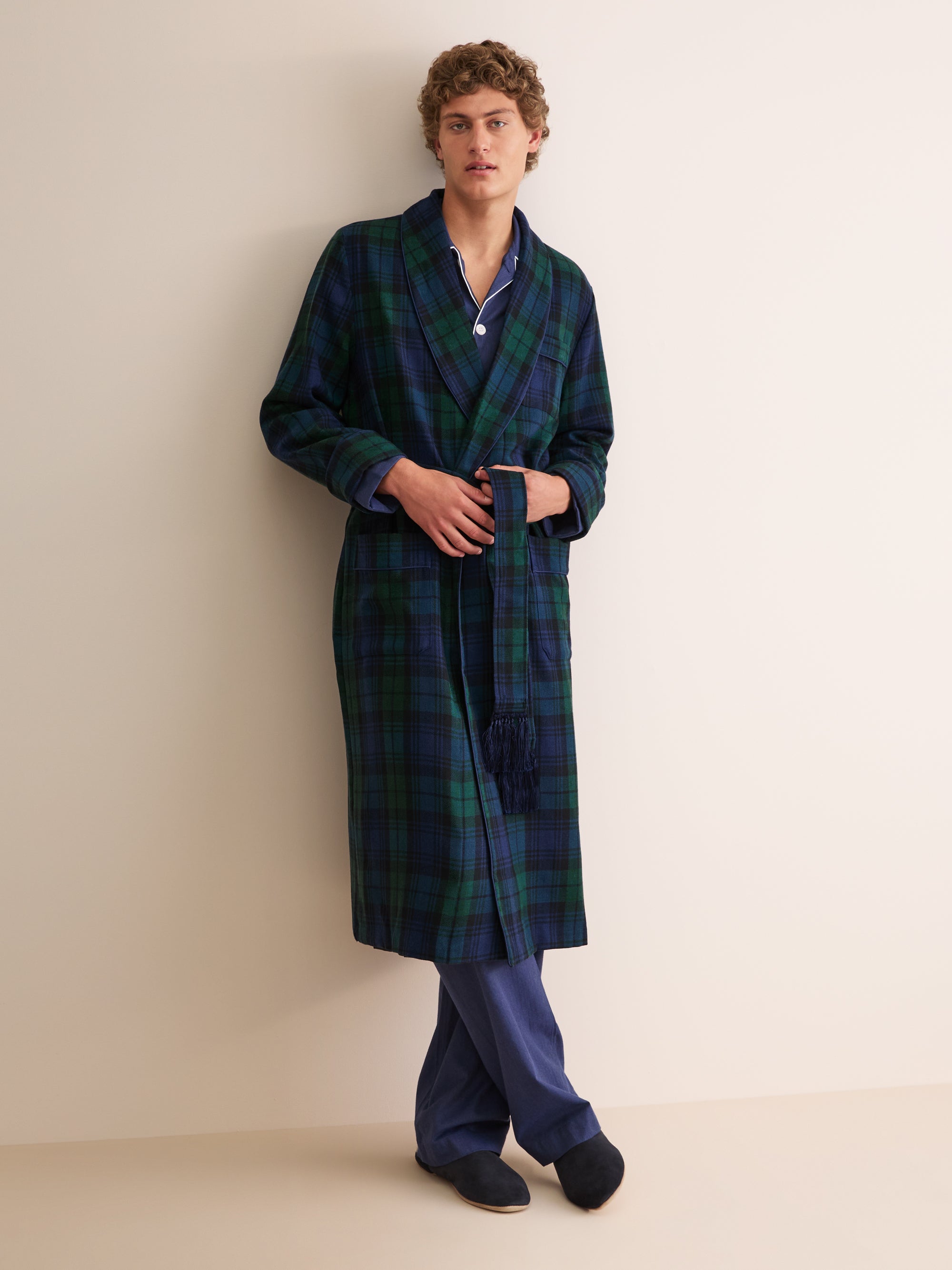 Men's Dressing Gown Tartan Black Watch Wool Navy