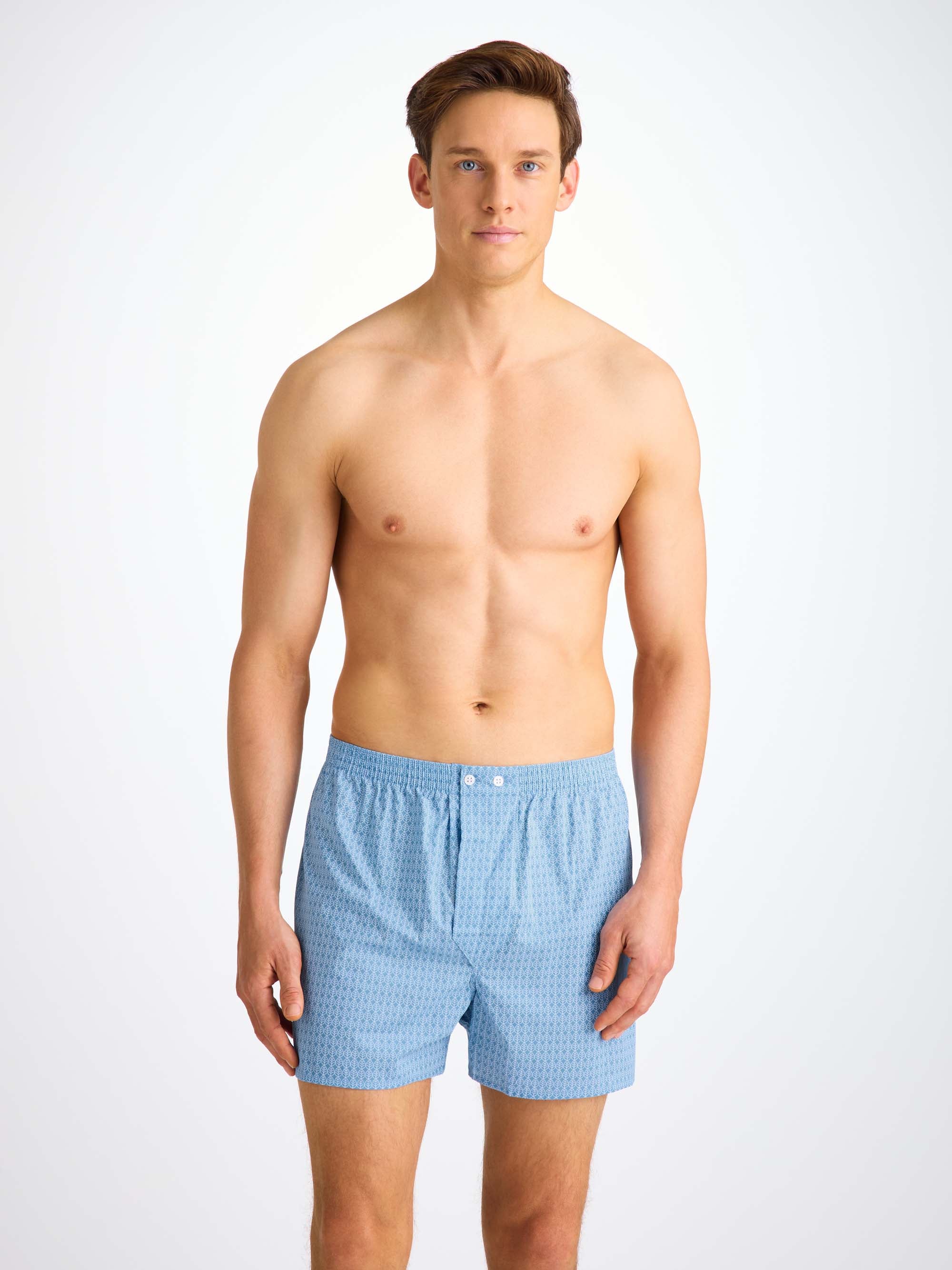Men's Classic Fit Boxers Cotton Batiste Blue Jungle Leaf Print
