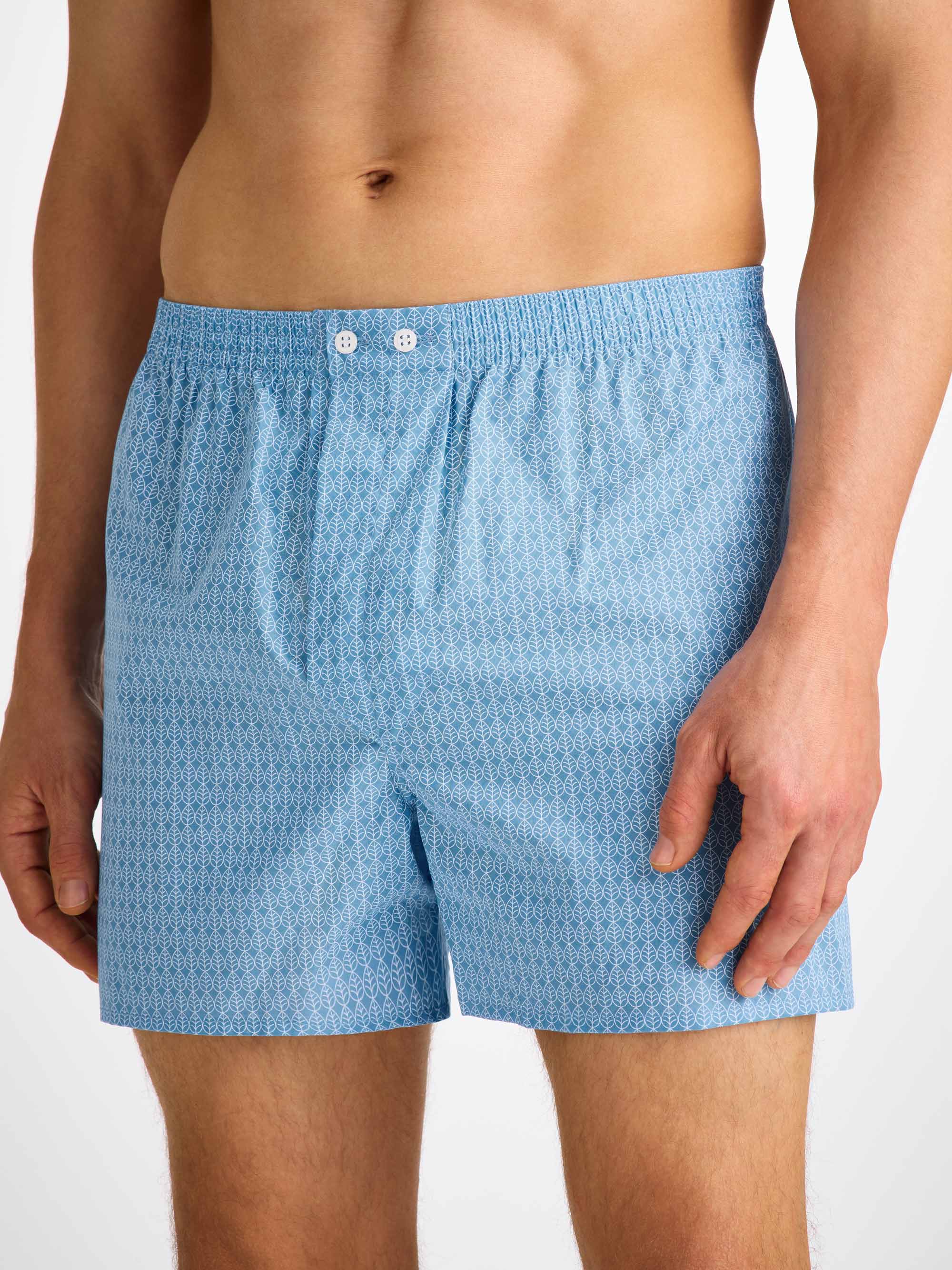 Men's Classic Fit Boxers Cotton Batiste Blue Jungle Leaf Print