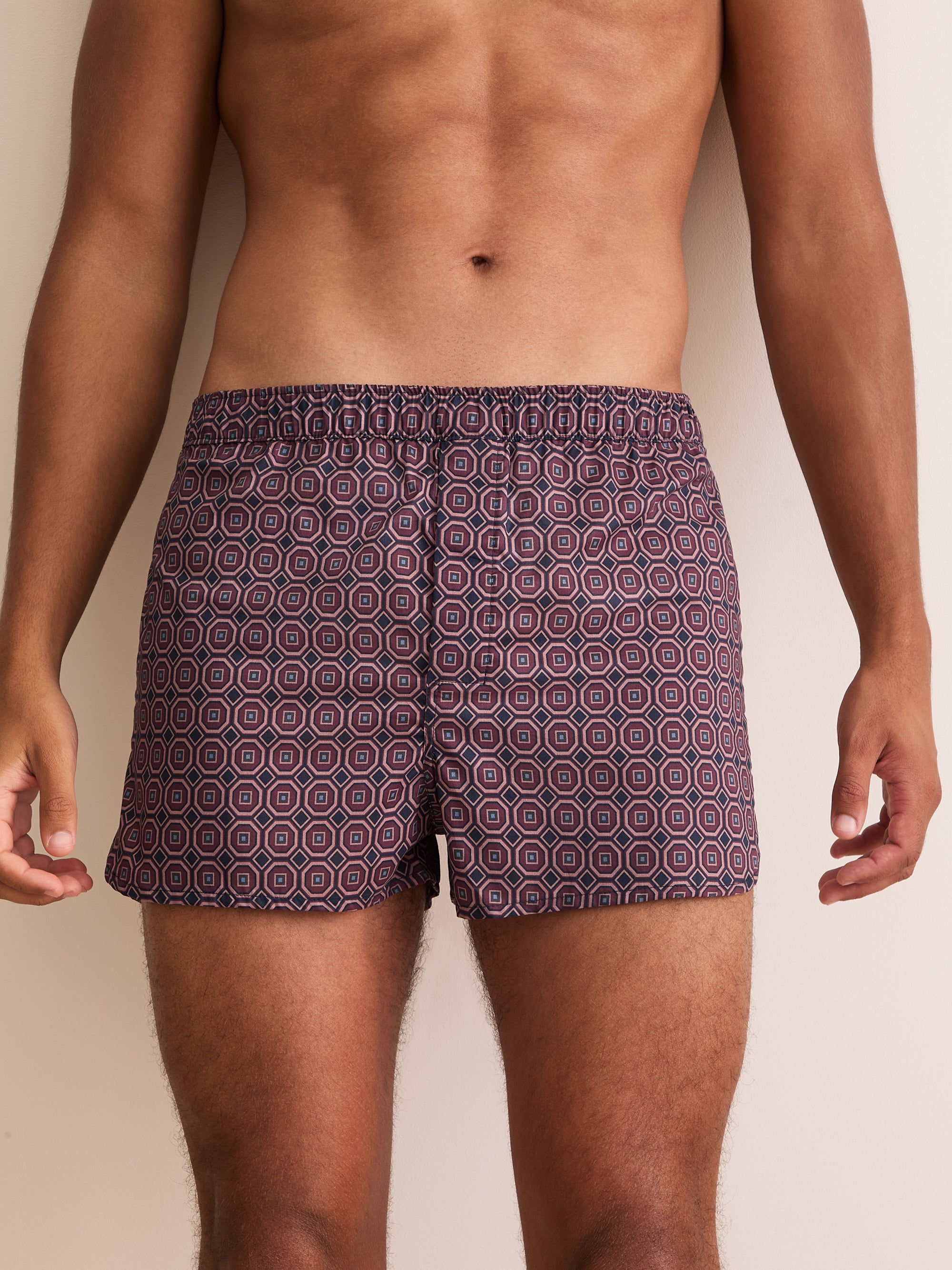 Ledbury Cotton Batiste Modern Fit Boxers Night Navy & Wine Geo