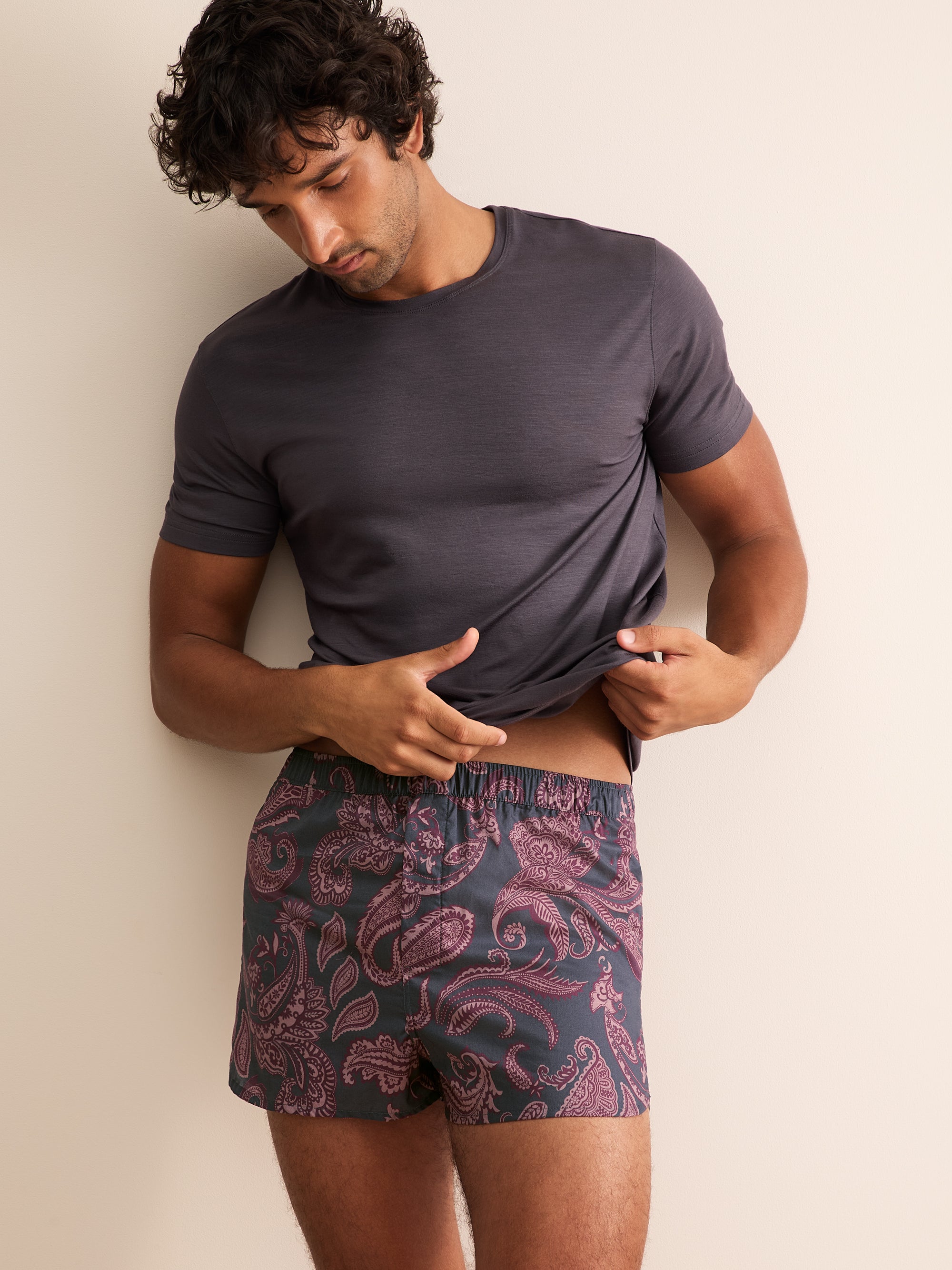 Ledbury Cotton Batiste Modern Fit Boxers Night Gray & Wine Paisley