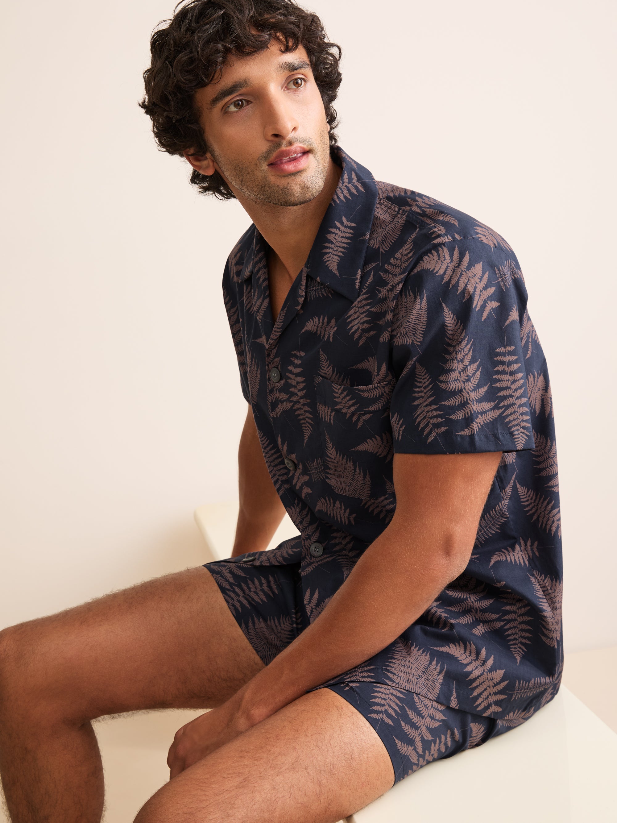 Ledbury Cotton Batiste Short Pajamas Navy & Pink Fern