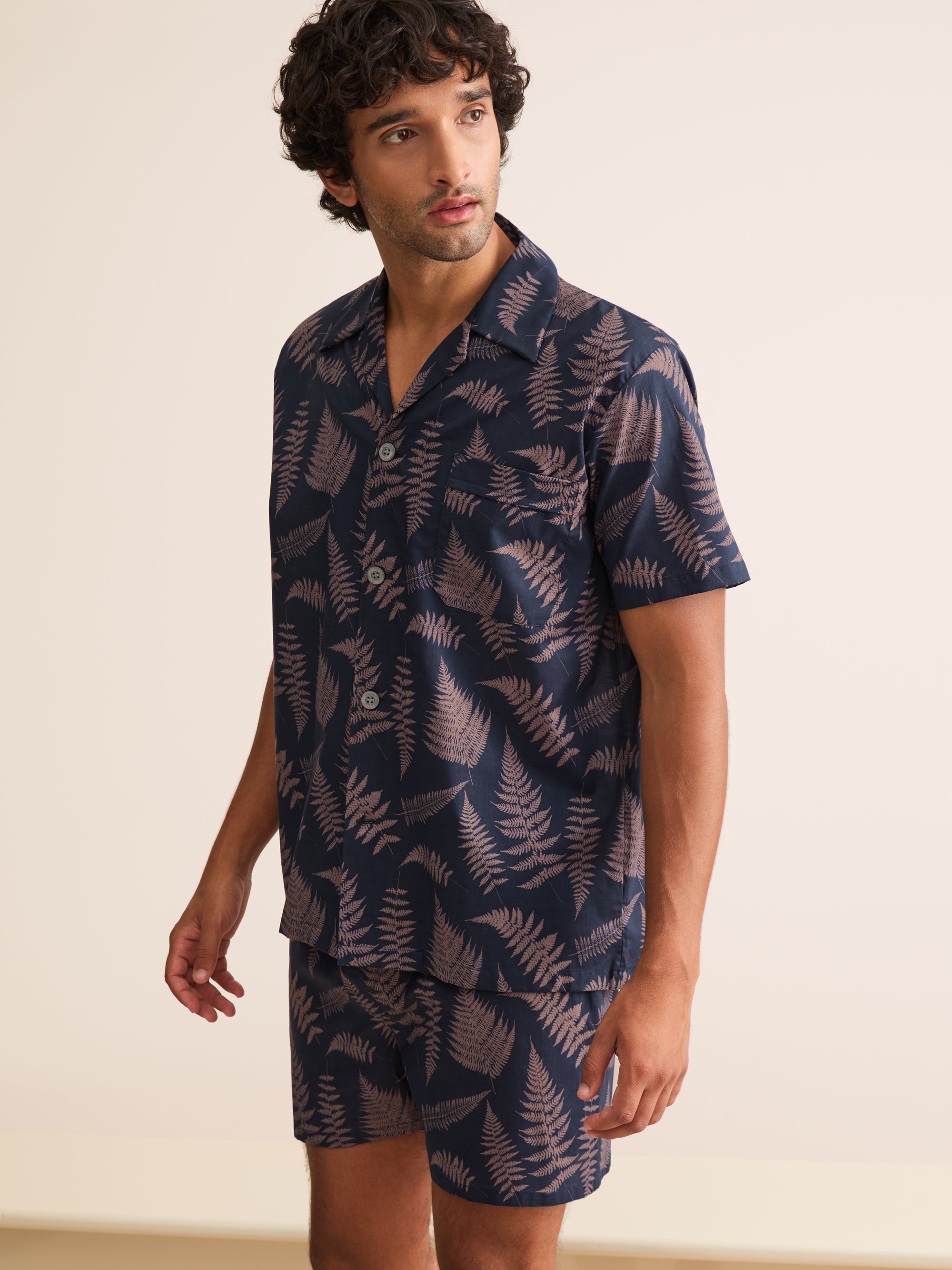 Ledbury Cotton Batiste Short Pajamas Navy & Pink Fern