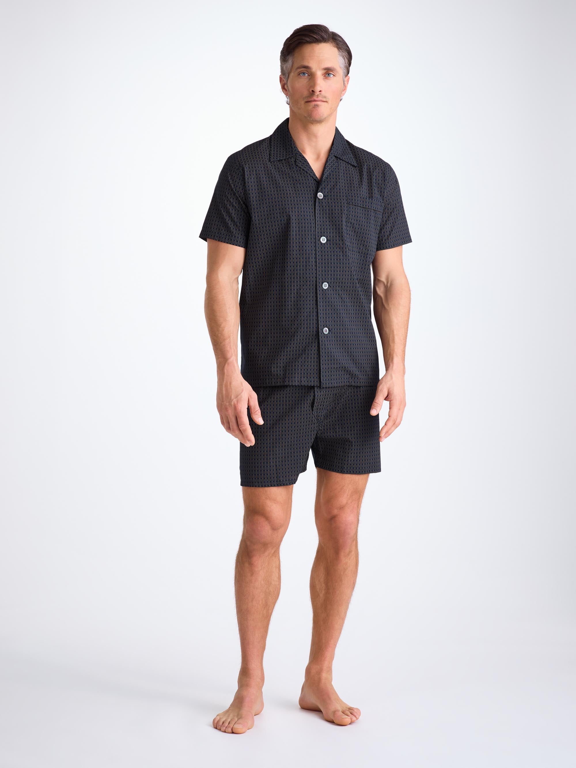 Men's Short Pajamas Cotton Batiste Navy Jungle Leaf Print