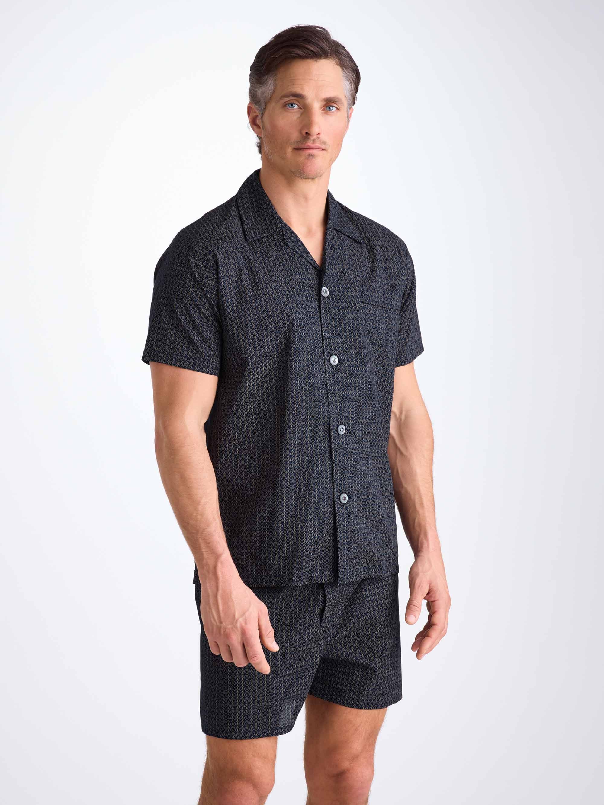 Men's Short Pajamas Cotton Batiste Navy Jungle Leaf Print
