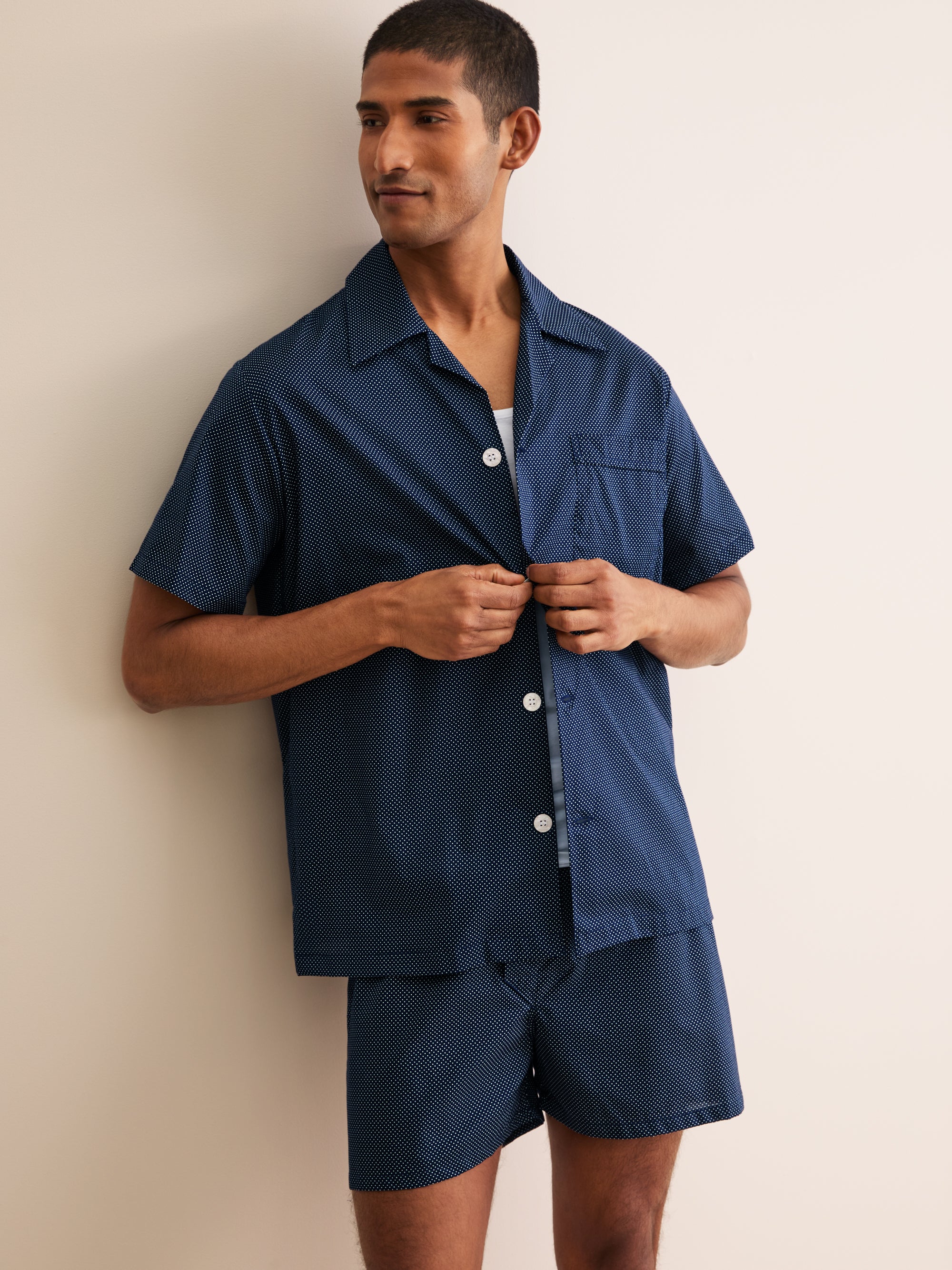 Men's Short Pajamas Cotton Batiste Navy Pin Dot Print