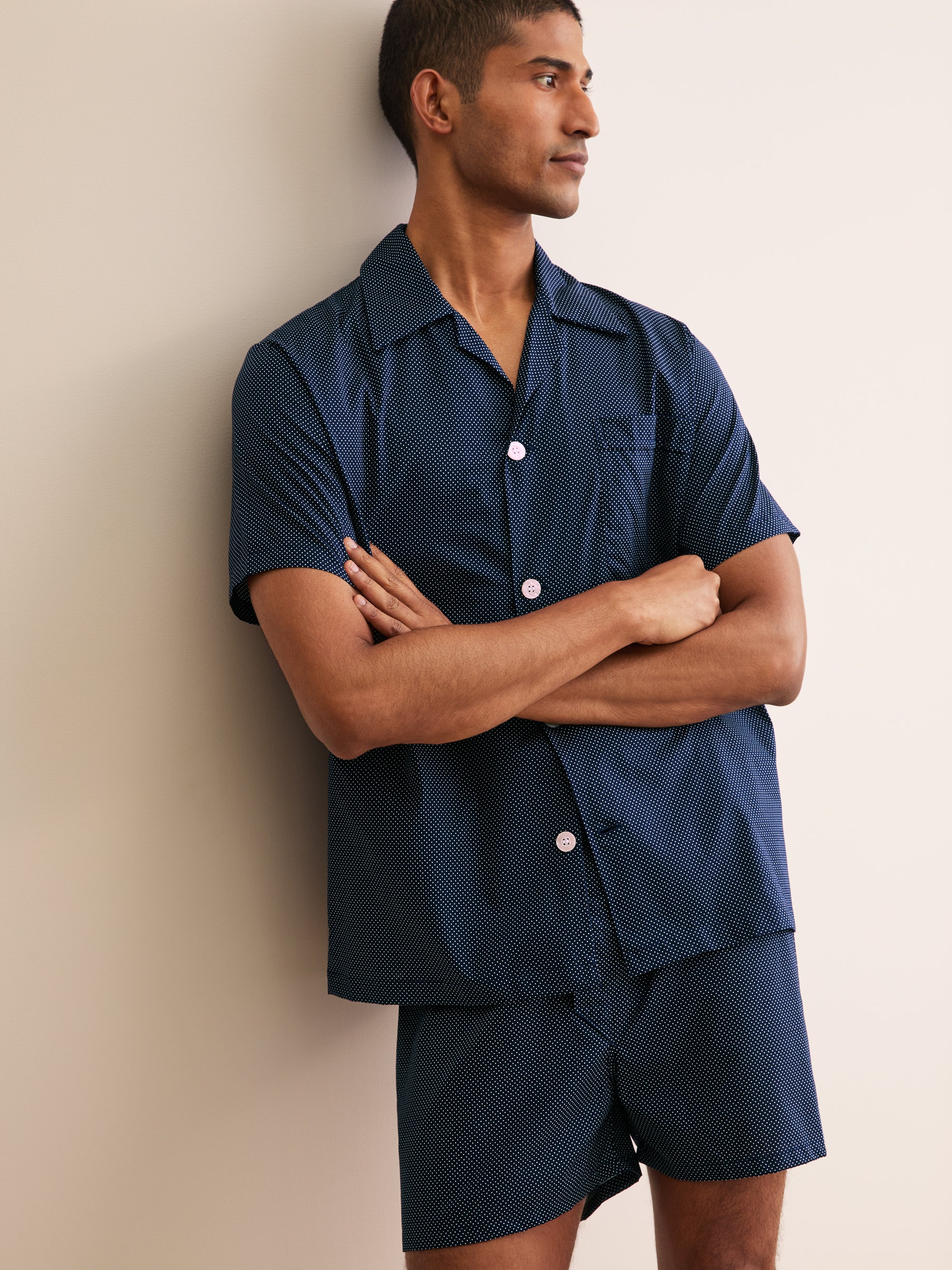 Men's Short Pajamas Cotton Batiste Navy Pin Dot Print