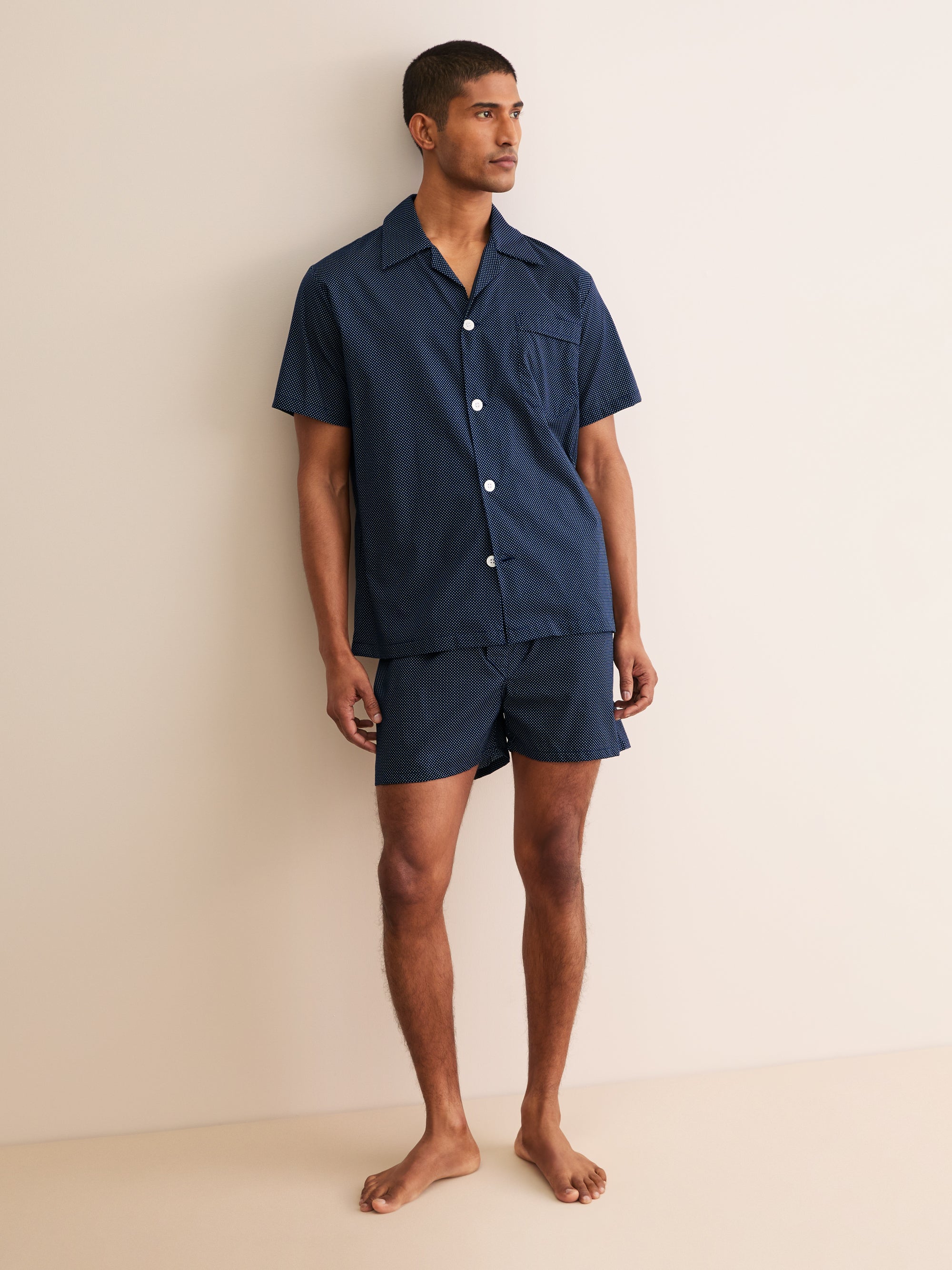 Men's Short Pajamas Cotton Batiste Navy Pin Dot Print