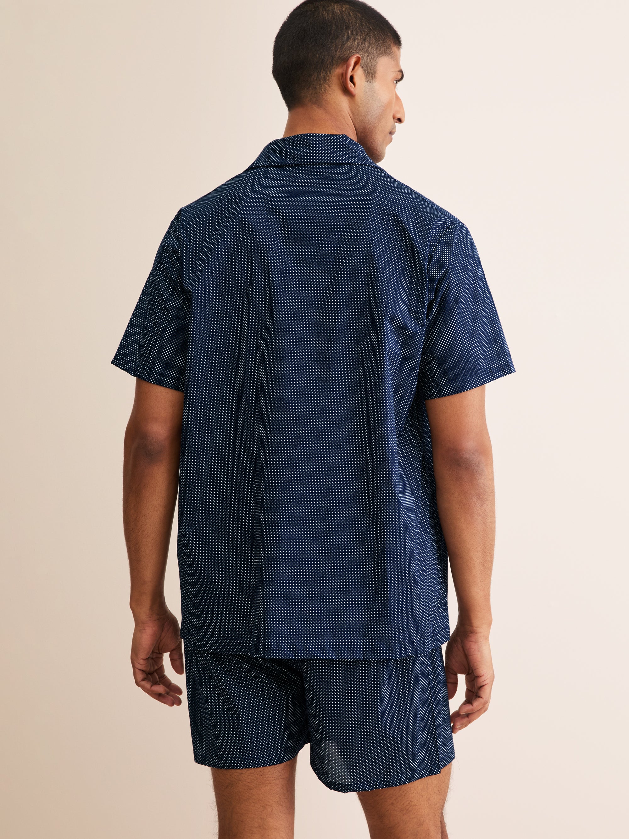 Men's Short Pajamas Cotton Batiste Navy Pin Dot Print