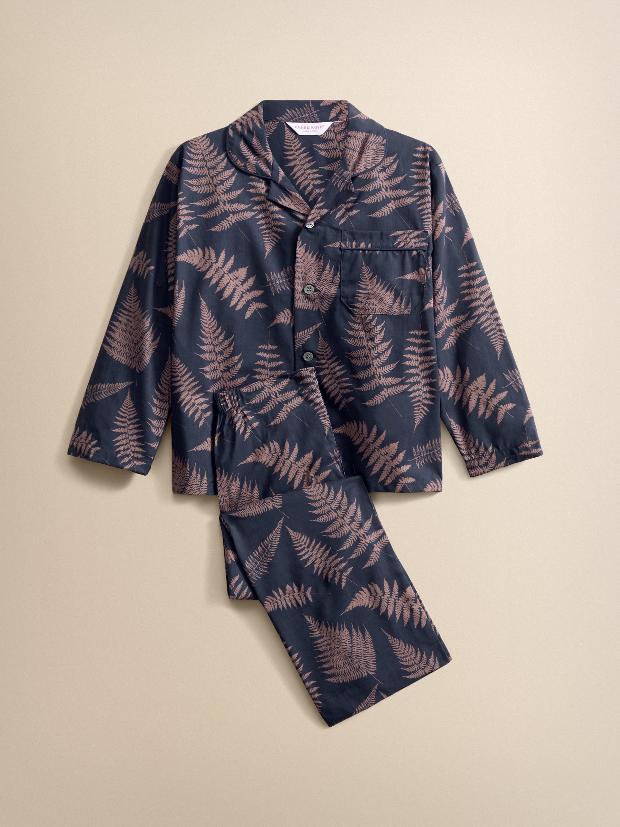 Ledbury Cotton Batiste Pyjamas Navy & Pink Fern