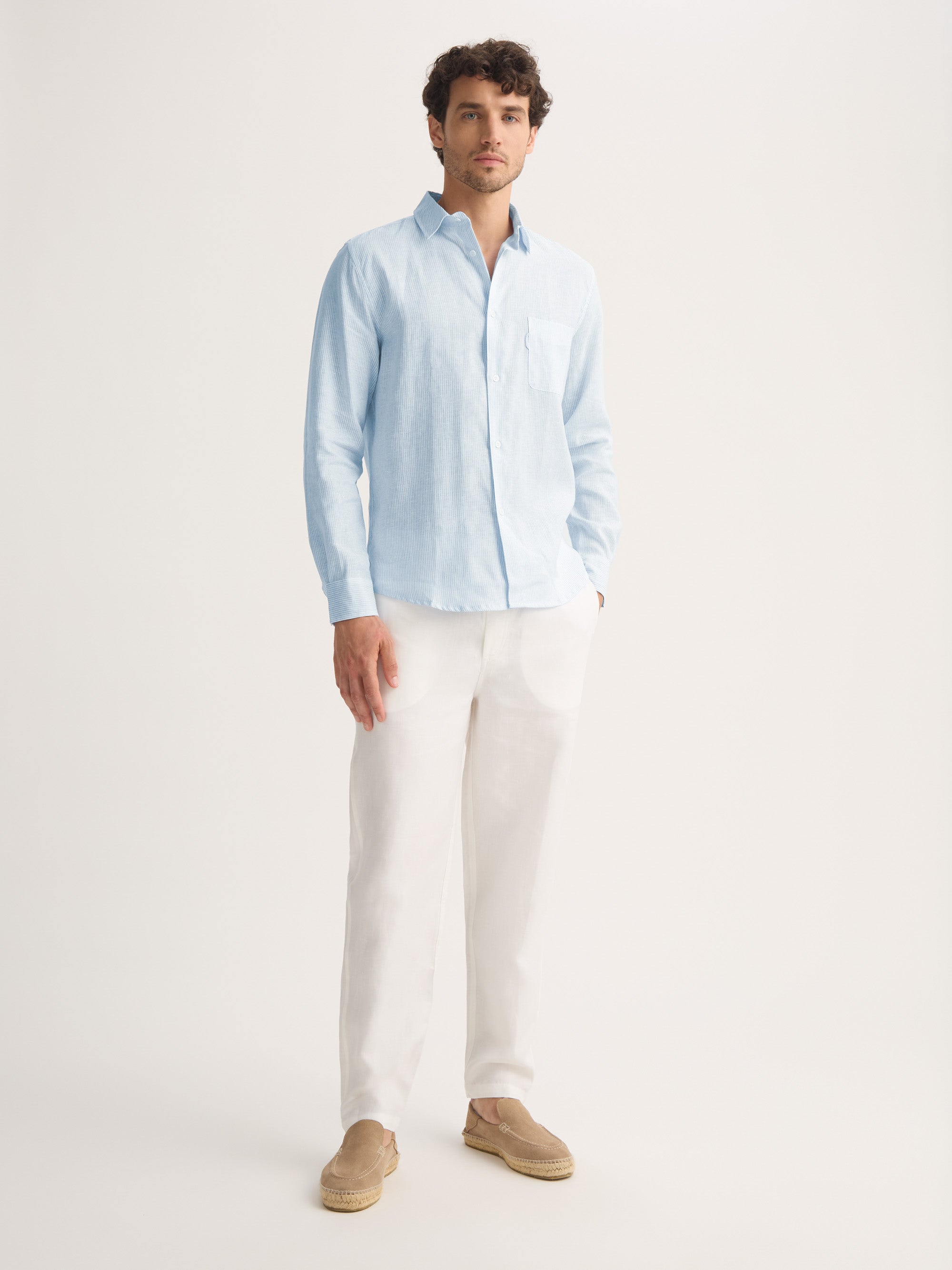 Men's Long Sleeve Shirt Malibu Woven Linen Light Blue and White Stripe
