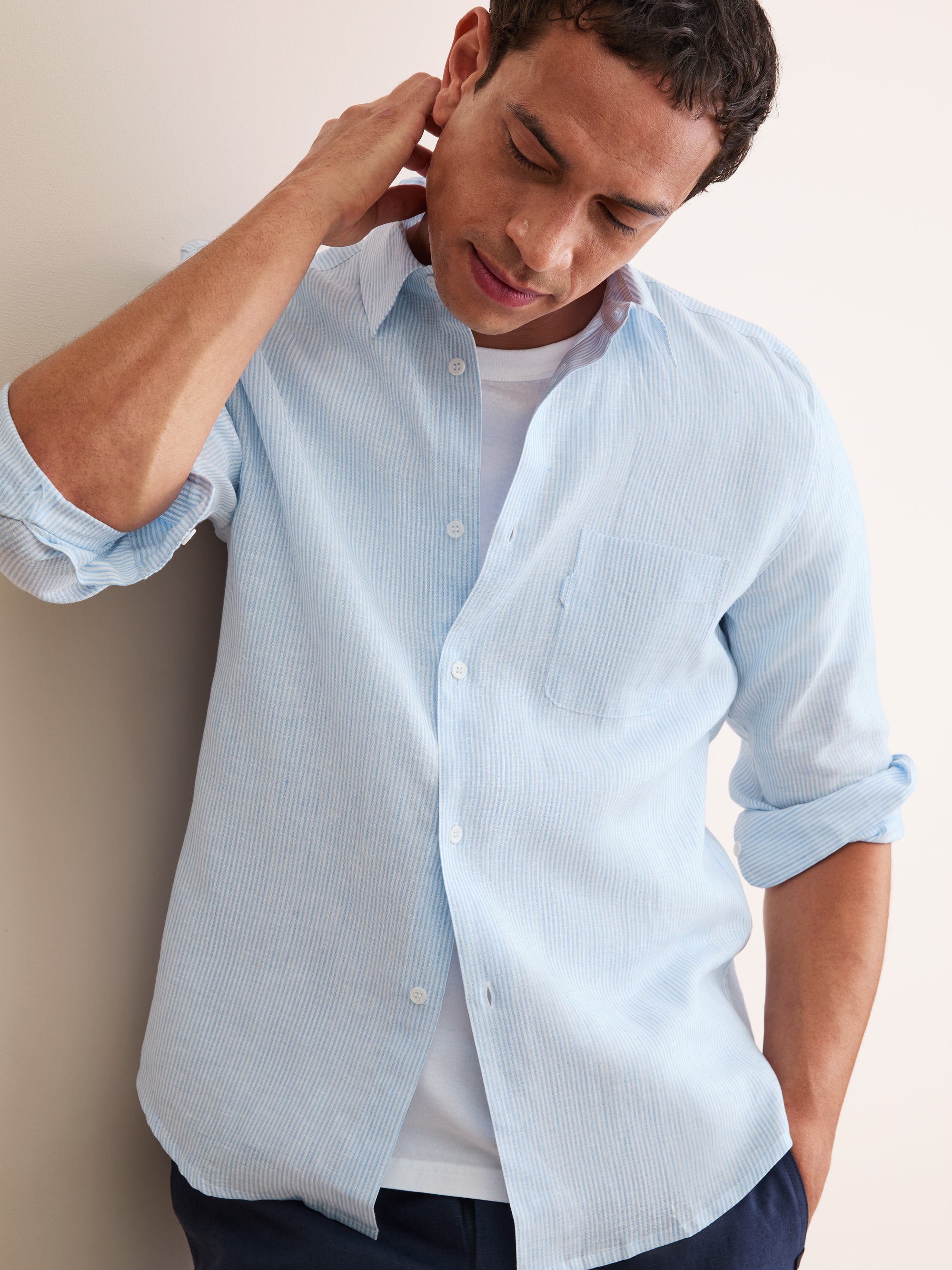 Men's Long Sleeve Shirt Malibu Woven Linen Light Blue and White Stripe