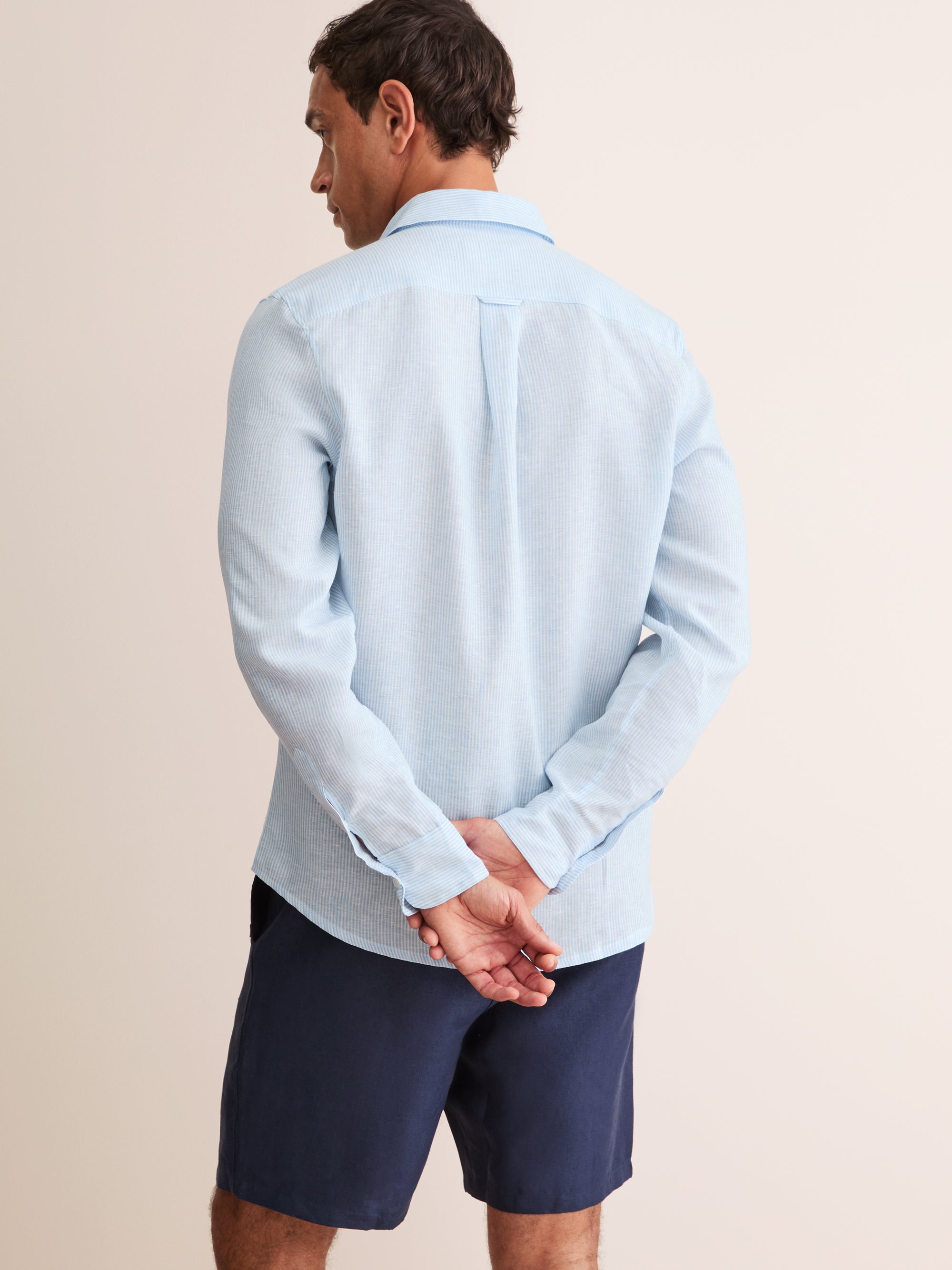 Men's Long Sleeve Shirt Malibu Woven Linen Light Blue and White Stripe