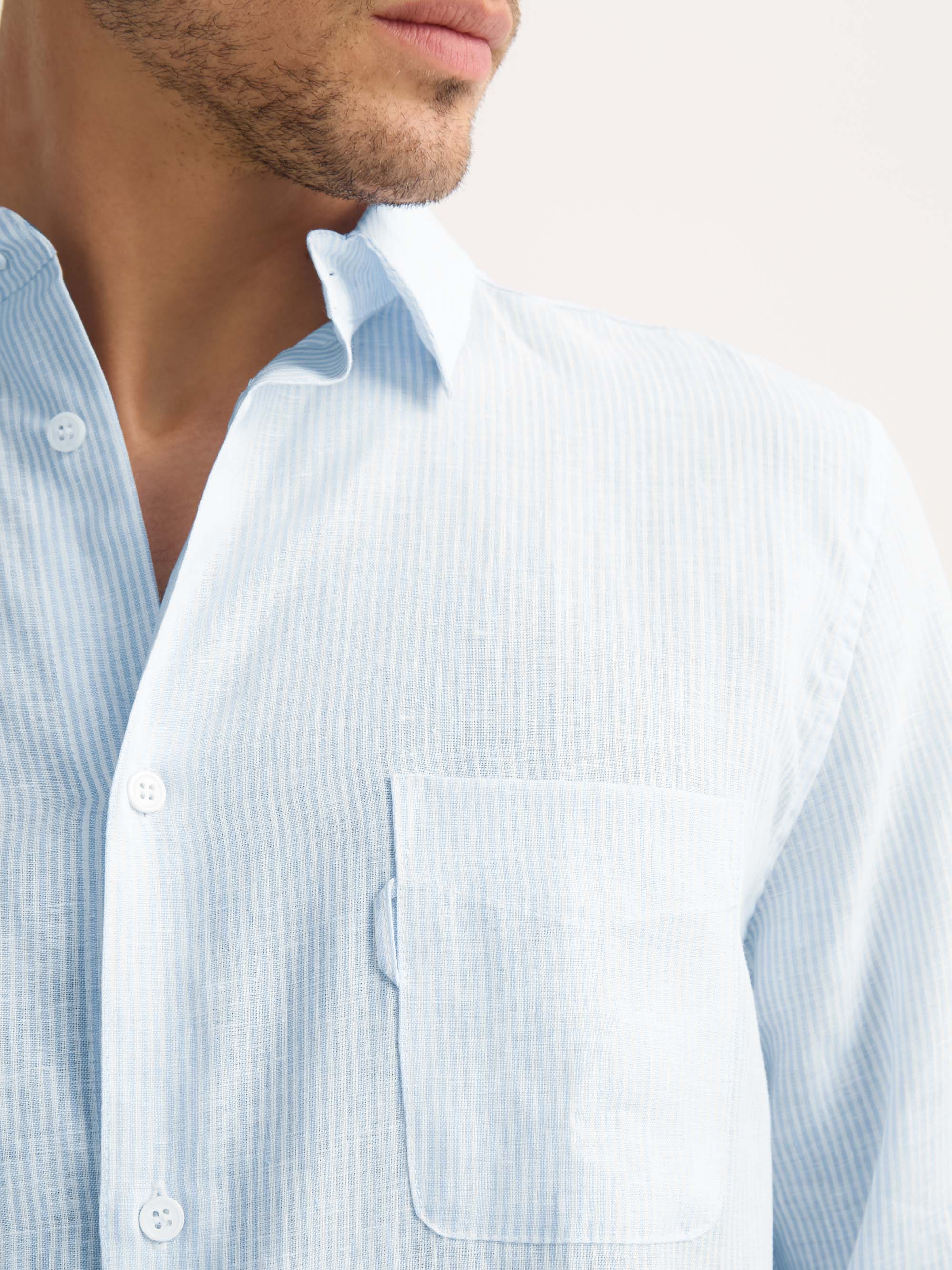 Men's Long Sleeve Shirt Malibu Woven Linen Light Blue and White Stripe