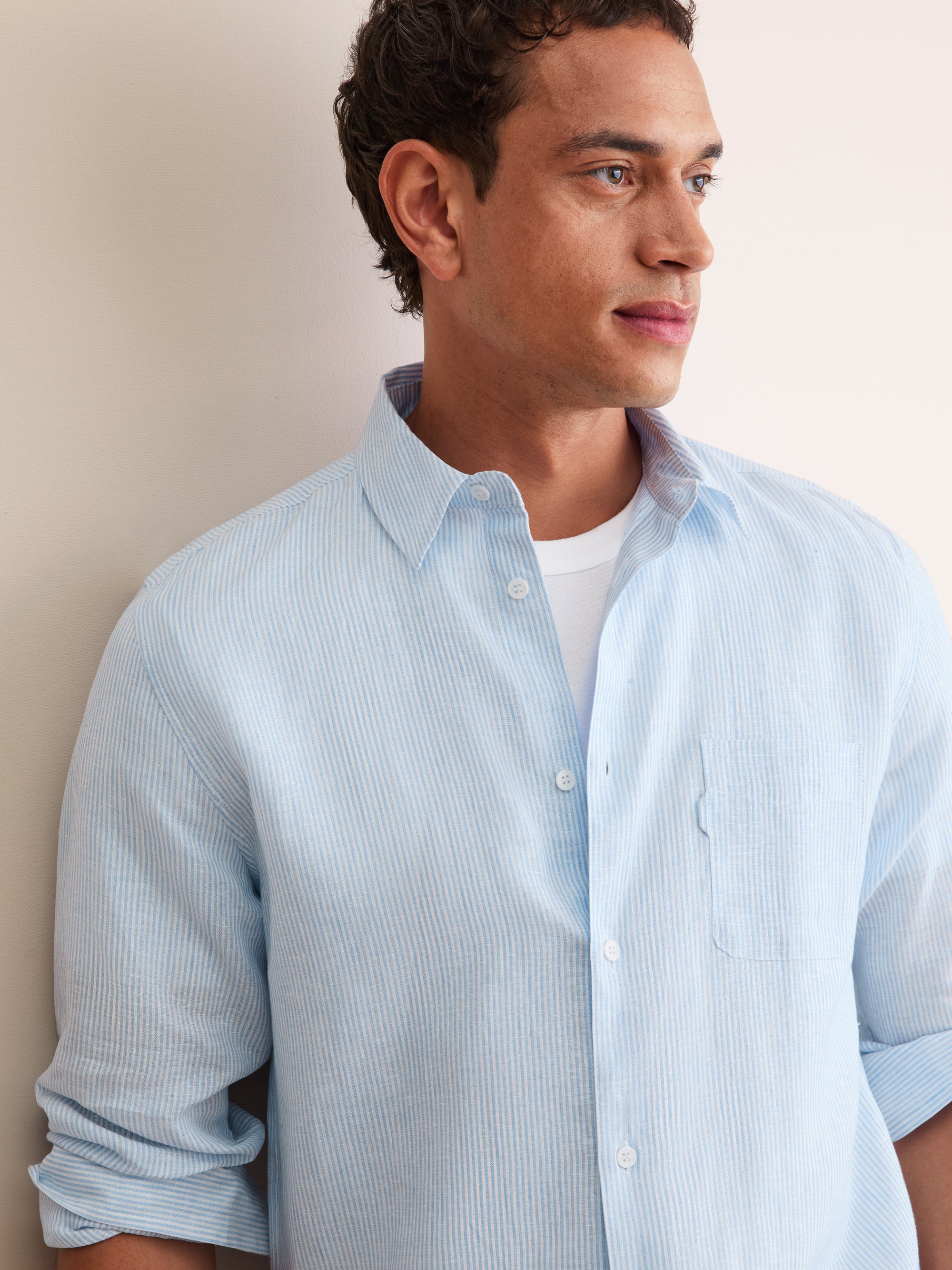 Men's Long Sleeve Shirt Malibu Woven Linen Light Blue and White Stripe