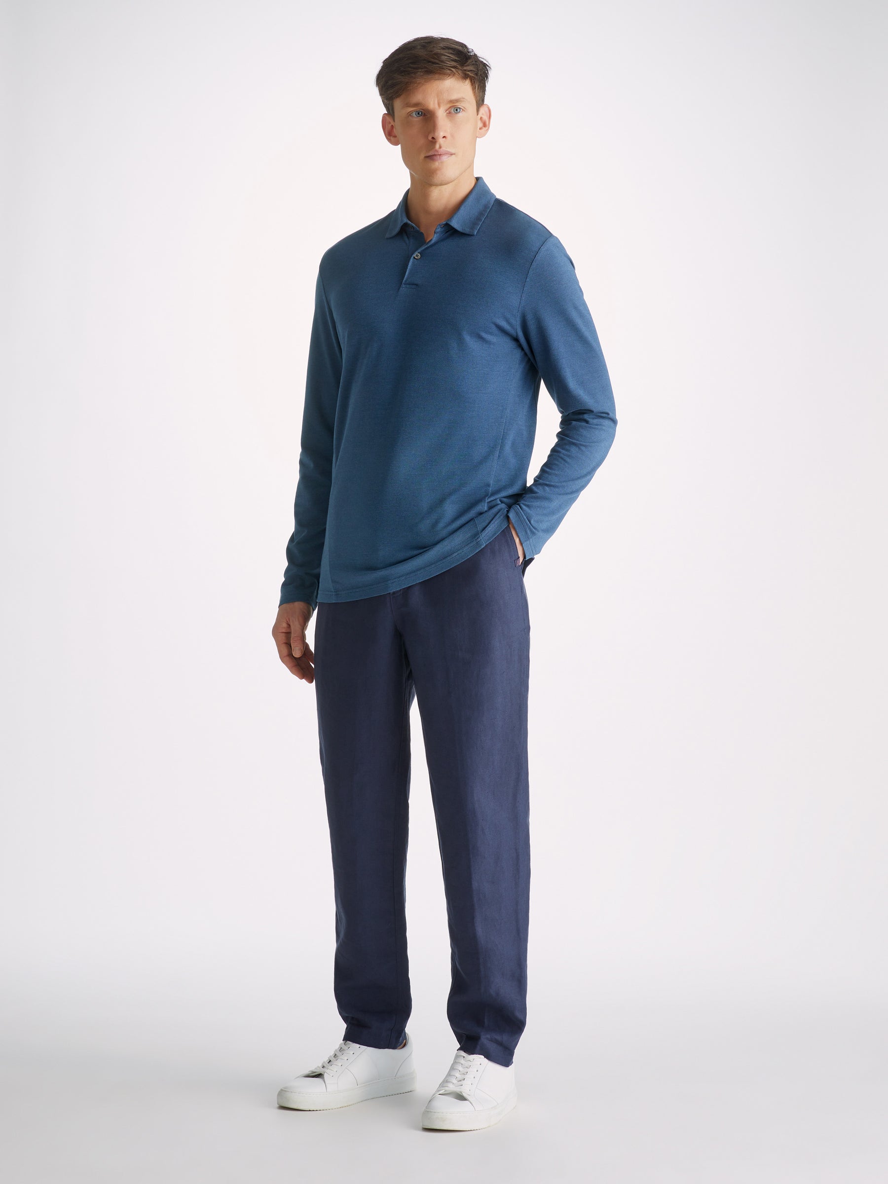 Men's Long Sleeve Polo Shirt Ramsay 2 Pique Cotton Tencel Denim