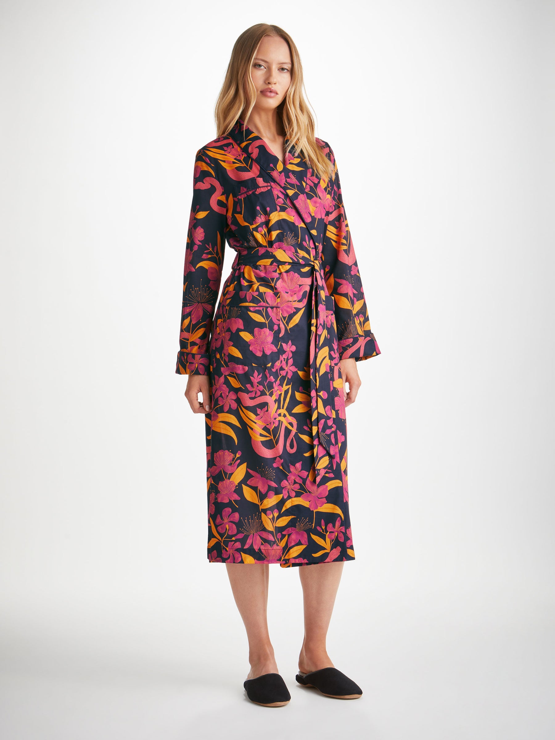 Women's Long Dressing Gown Ledbury 68 Cotton Batiste Navy
