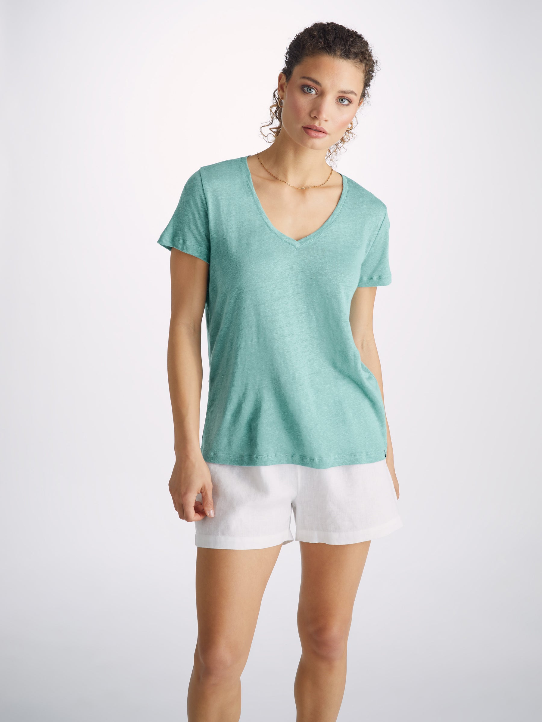 Women's V-Neck T-Shirt Jordan Linen Soft Aqua