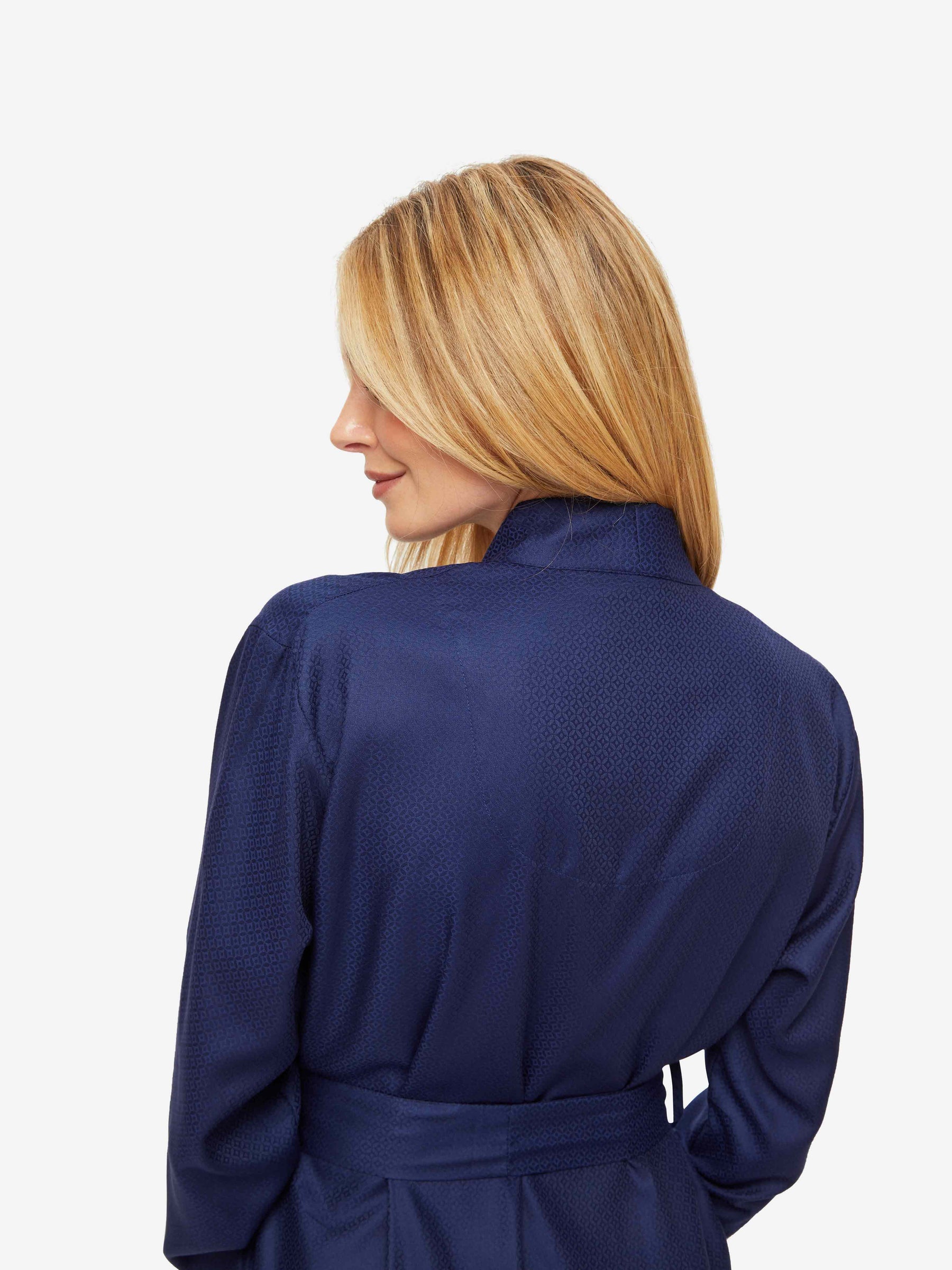 Women's Long Dressing Gown Lombard 6 Cotton Jacquard Navy