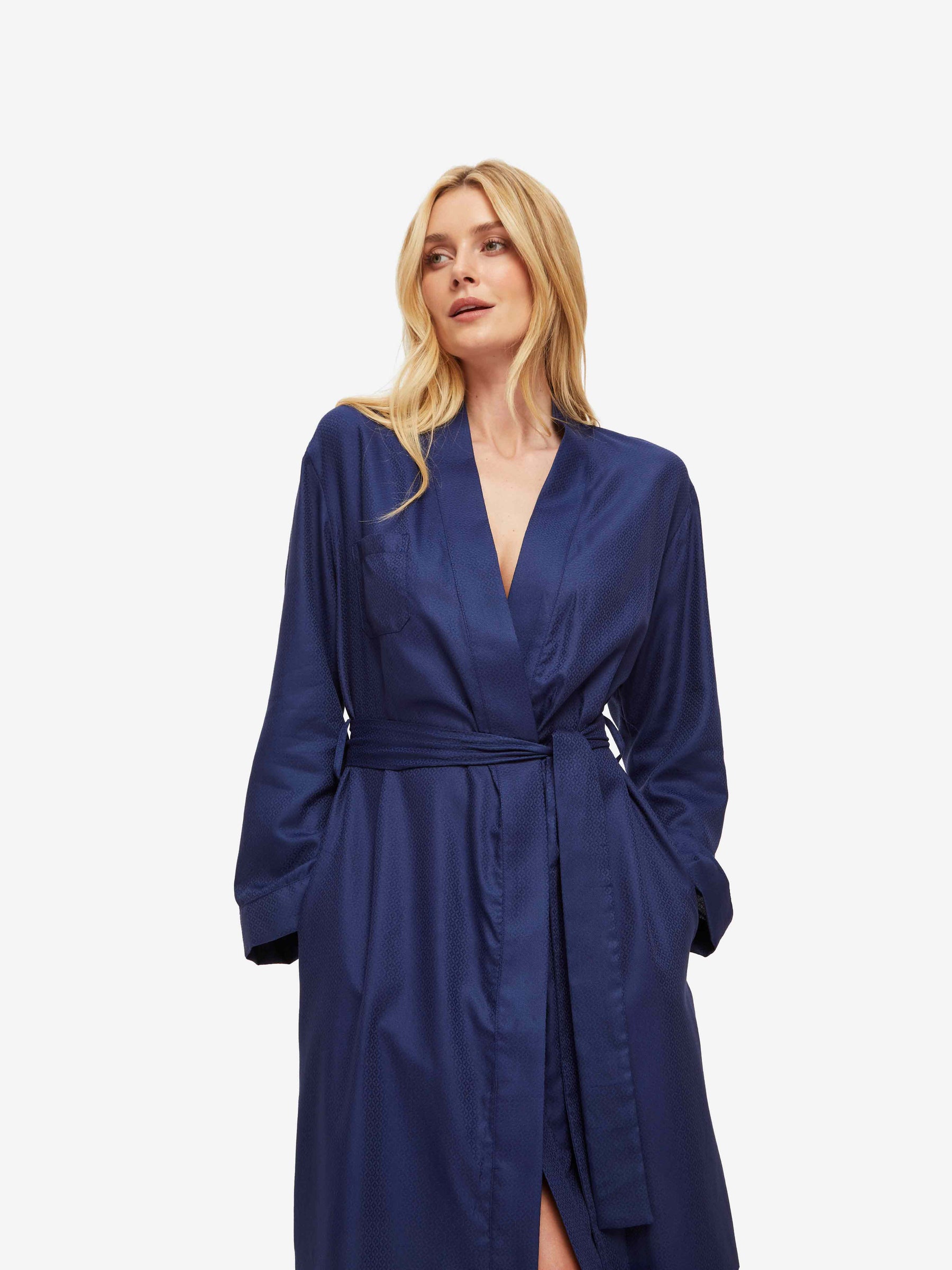 Women's Long Dressing Gown Lombard 6 Cotton Jacquard Navy