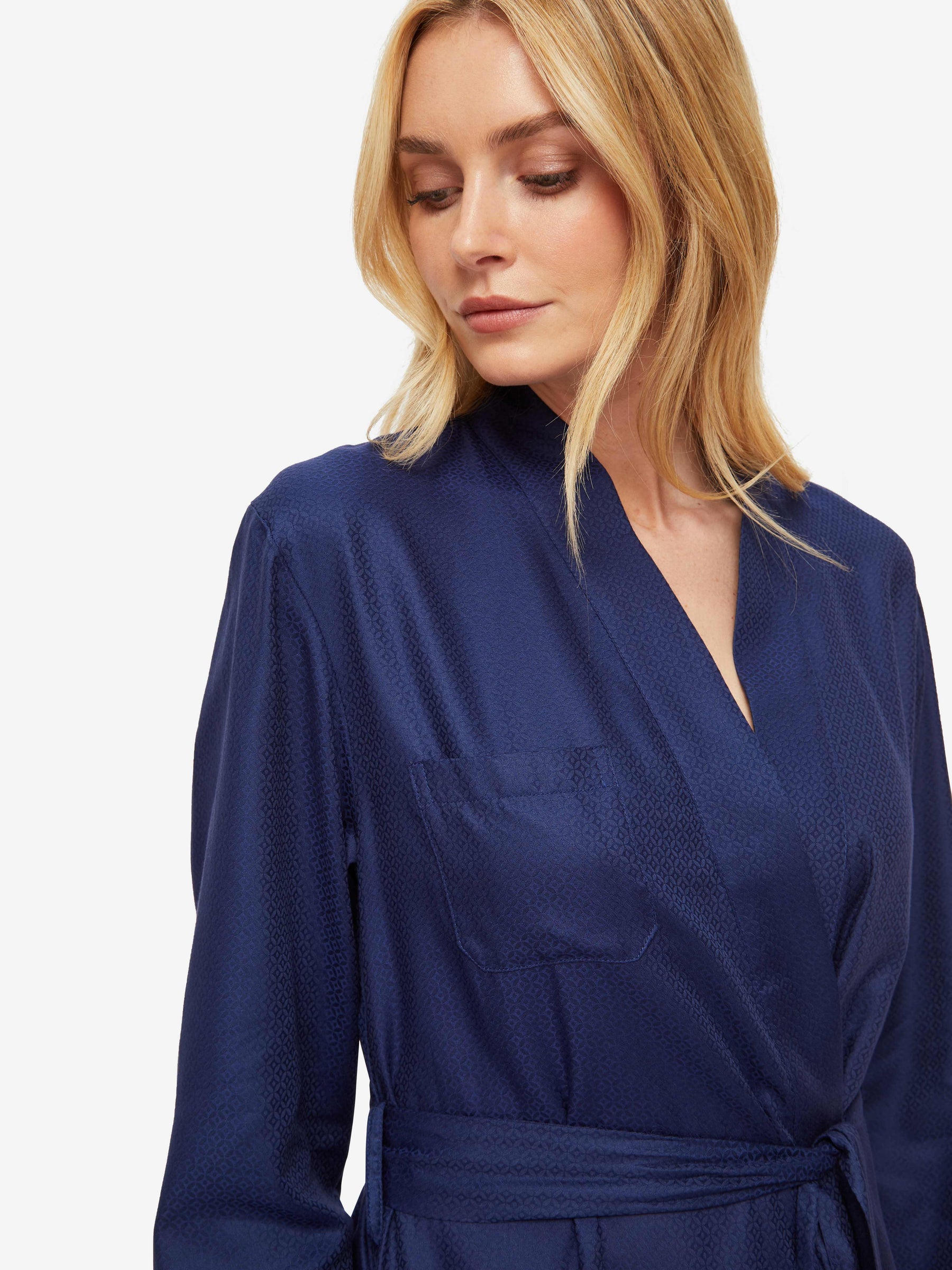 Women's Long Dressing Gown Lombard 6 Cotton Jacquard Navy