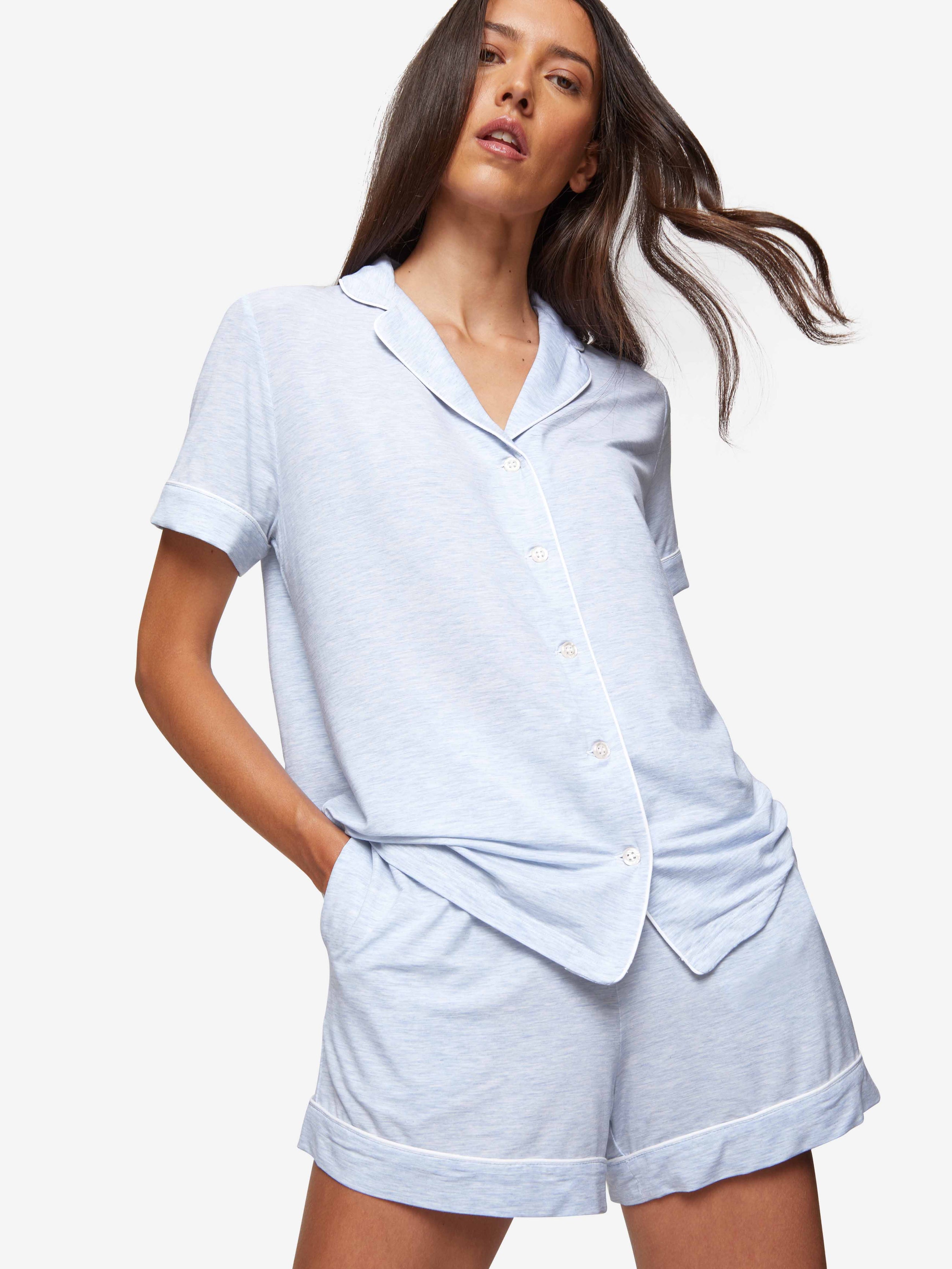 Women's Short Pyjamas Ethan Micro Modal Stretch Light Blue Marl