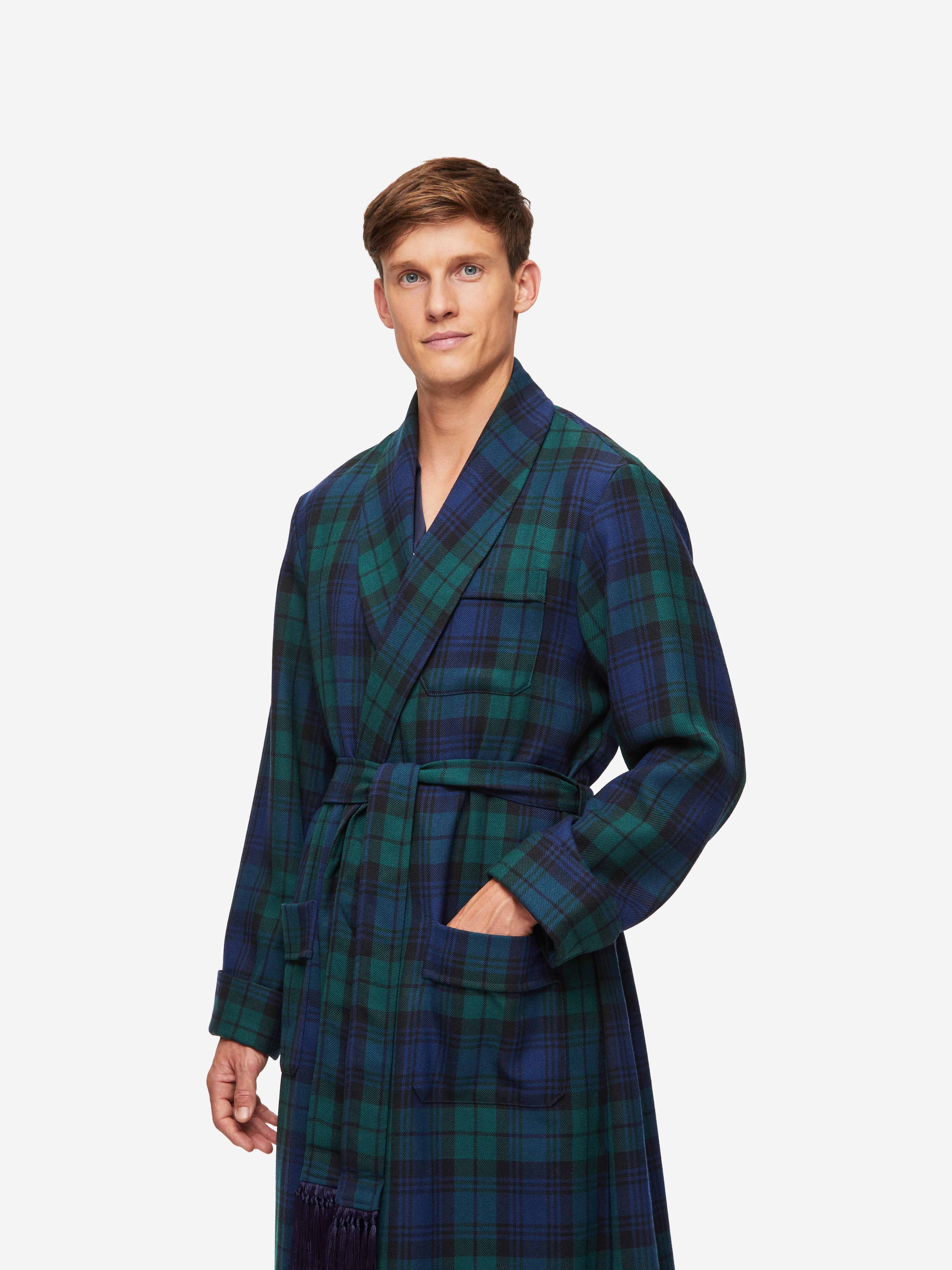 Men's Dressing Gown Tartan Black Watch Wool Navy