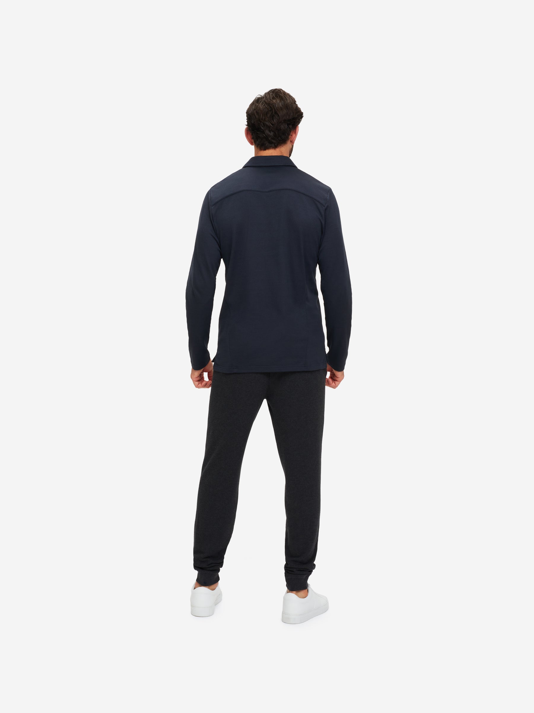 Men's Long Sleeve Polo Shirt Ramsay 2 Pique Cotton Tencel Navy