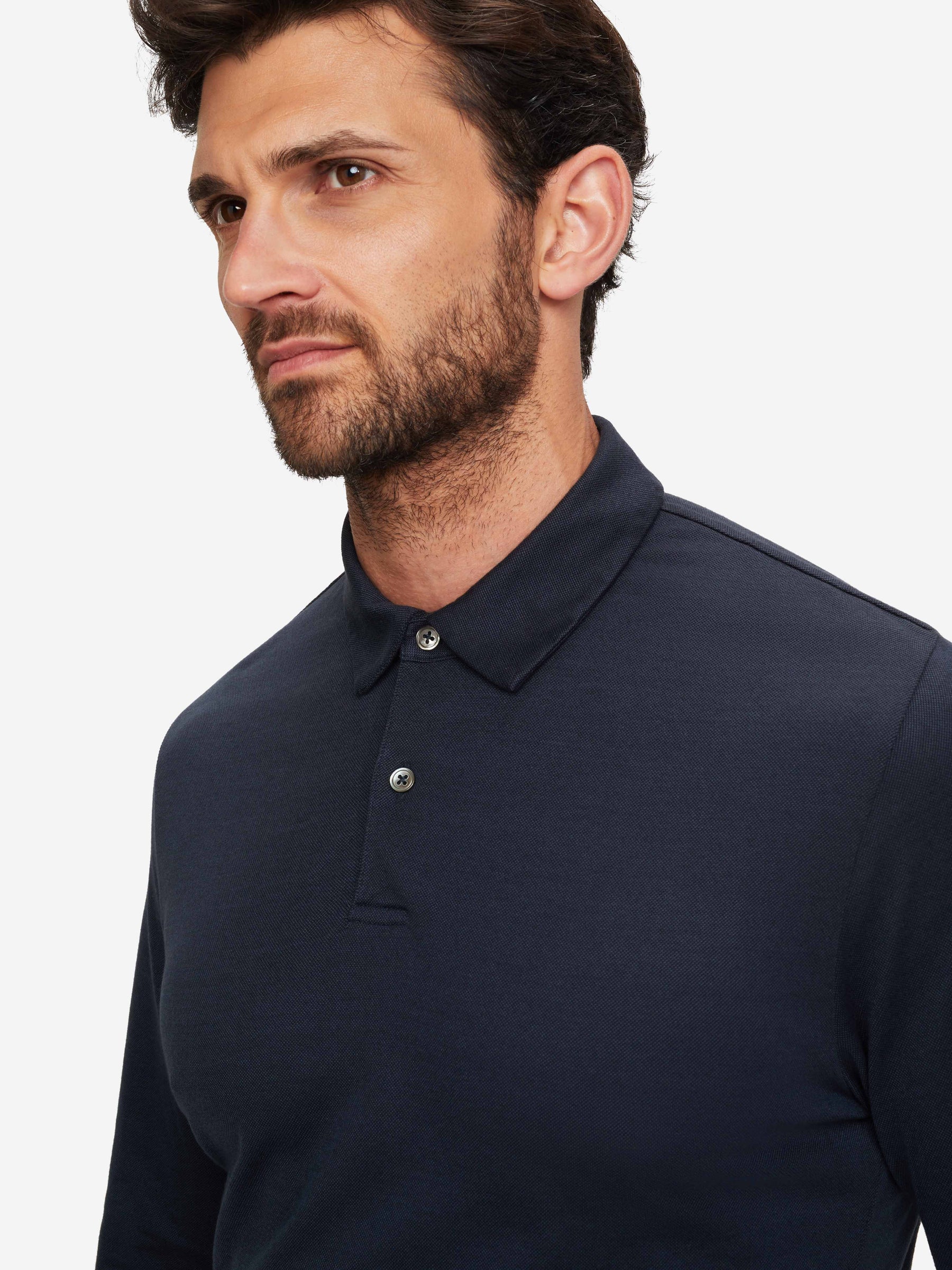 Men's Long Sleeve Polo Shirt Ramsay 2 Pique Cotton Tencel Navy